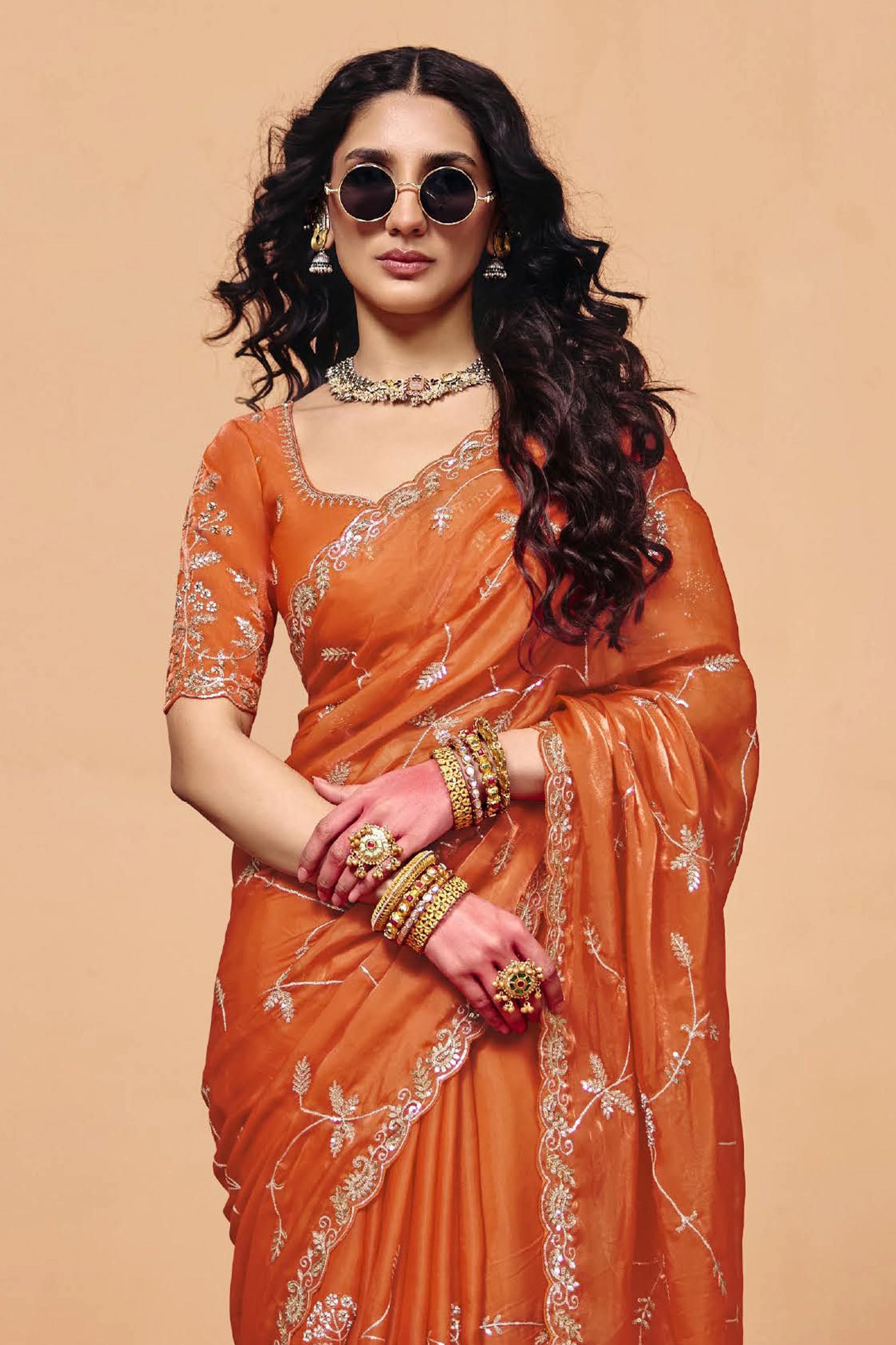 Orange Embroidered Satin Organza Saree-SAR12274_2_SareeButa.com