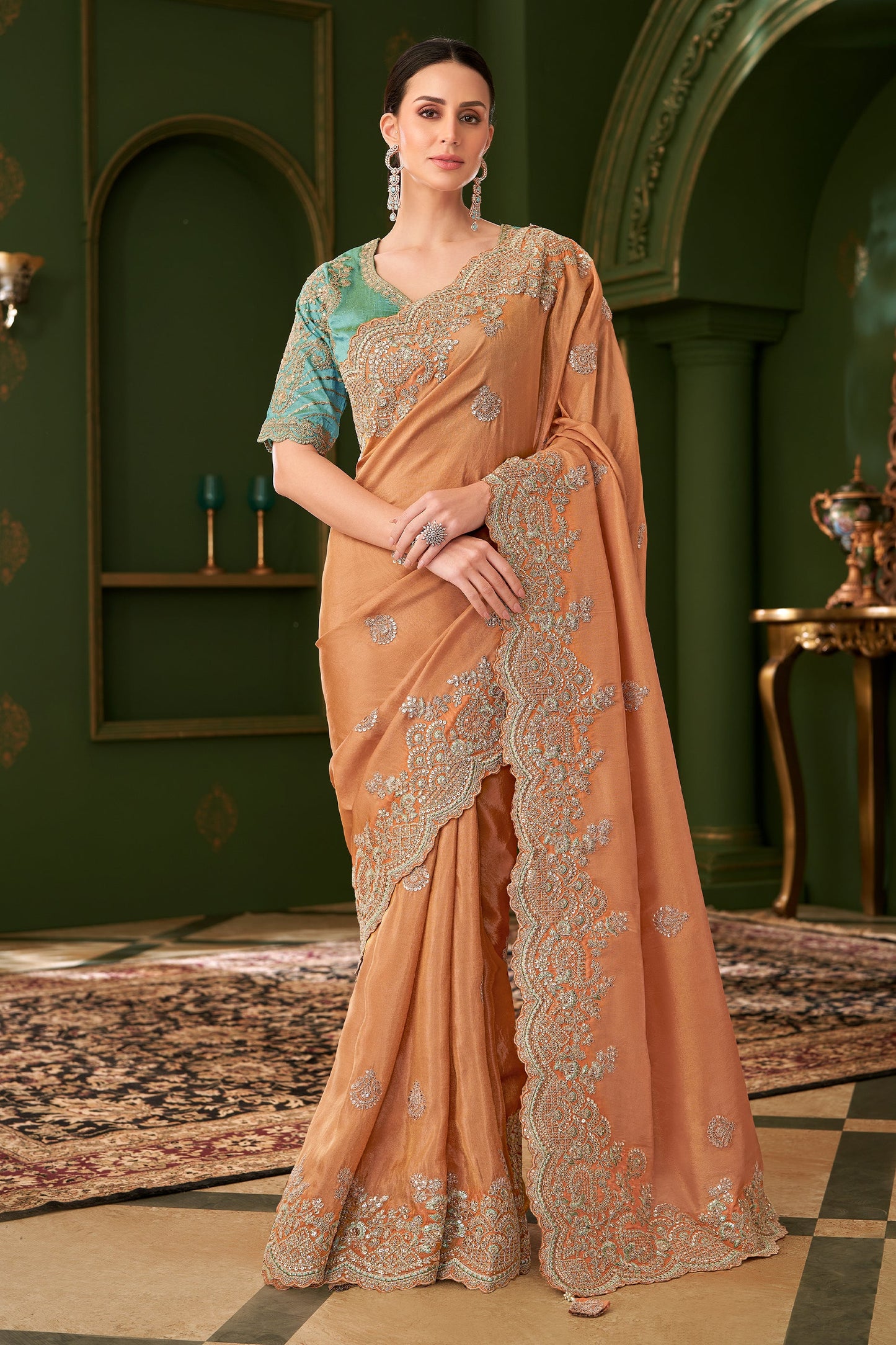 Orange Embroidered Viscose Georgette Saree-SAR10966_1_SareeButa.com