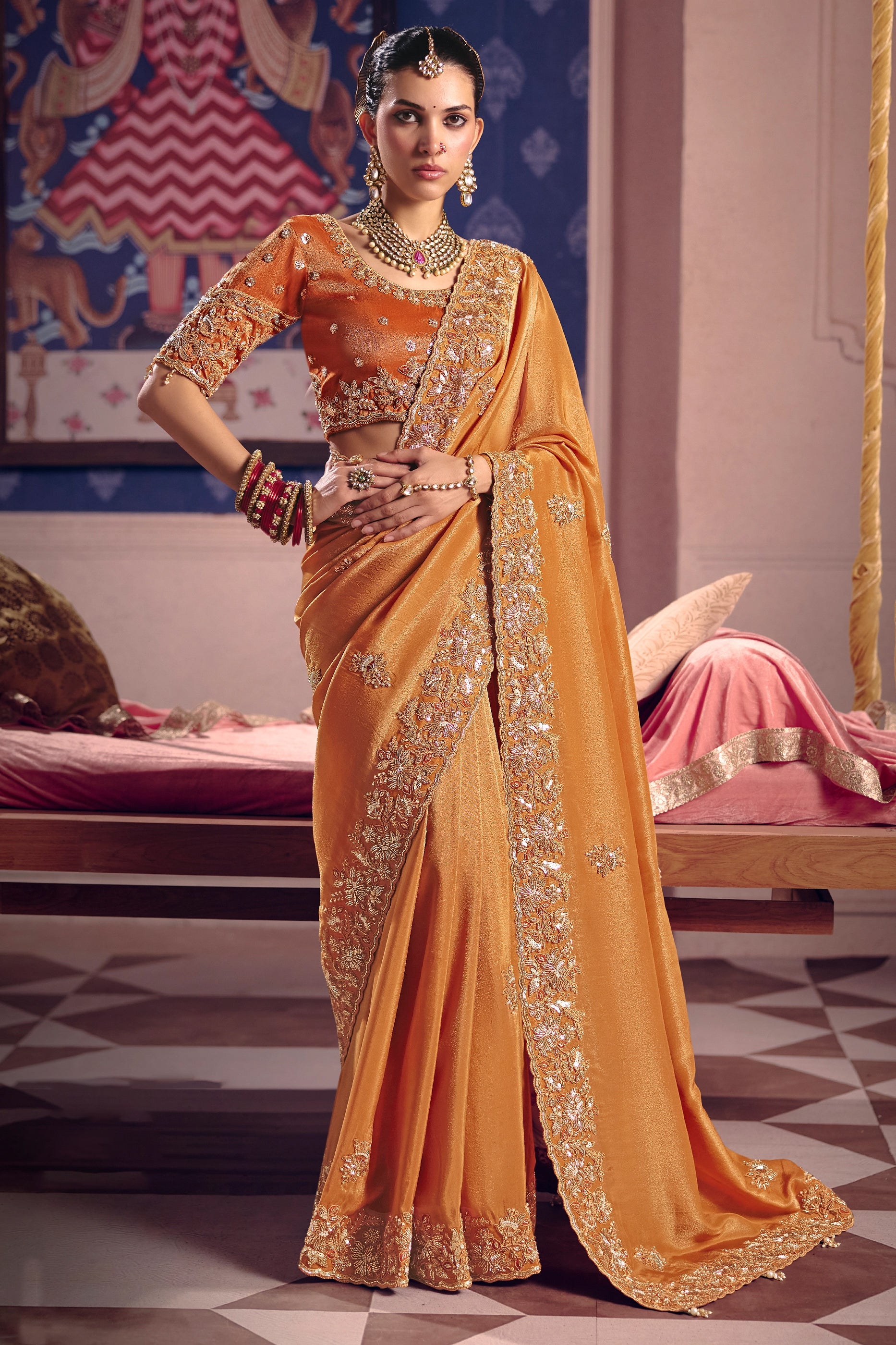 Orange Embroidered Viscose Zari Tissue Saree-SAR12592_1_SareeButa.com
