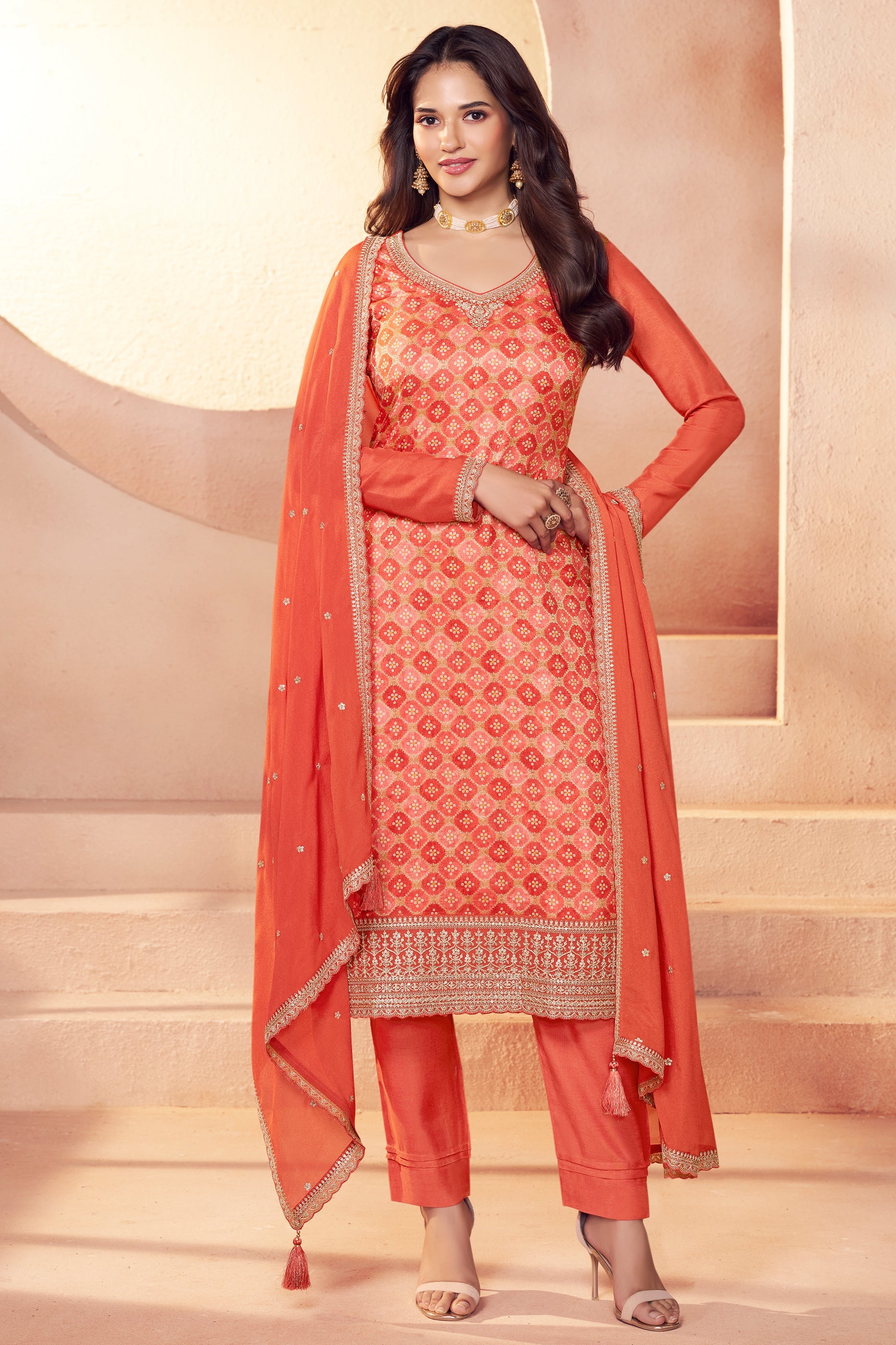 Orange Embroidered Jacquard Silk Suit-SAR11752_1_SareeButa.com