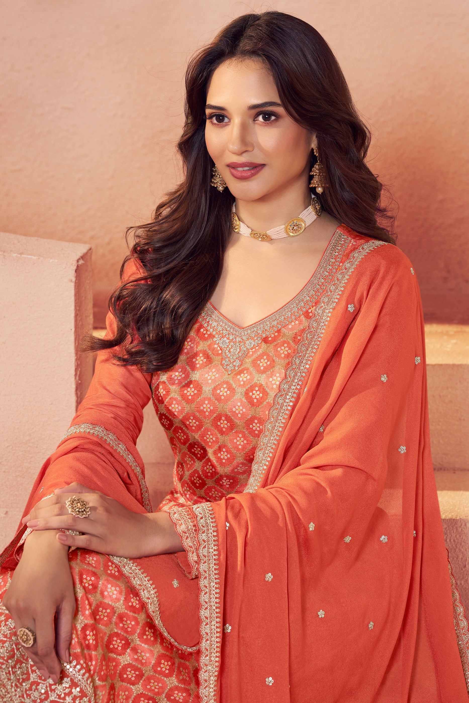 Orange Embroidered Jacquard Silk Suit-SAR11752_2_SareeButa.com