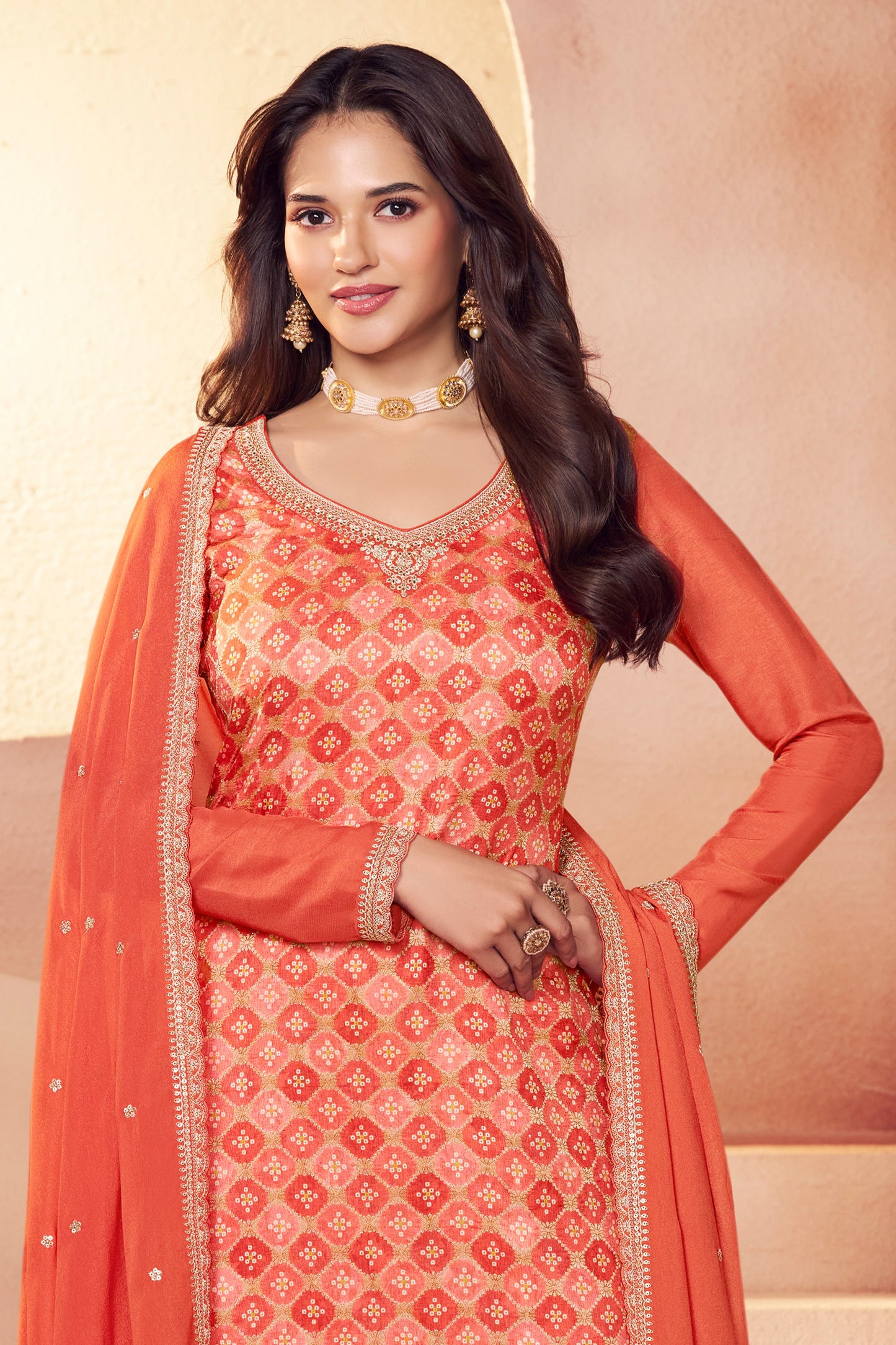Orange Embroidered Jacquard Silk Suit-SAR11752_3_SareeButa.com