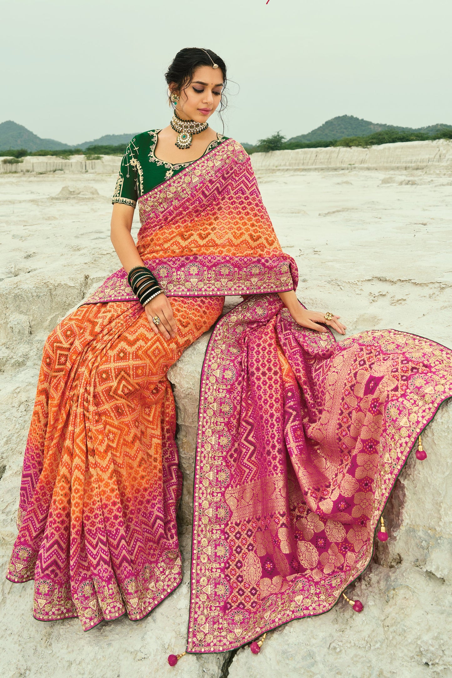 Orange & Pink Georgette Bandhani Saree-SAR10303_3_SareeButa.com