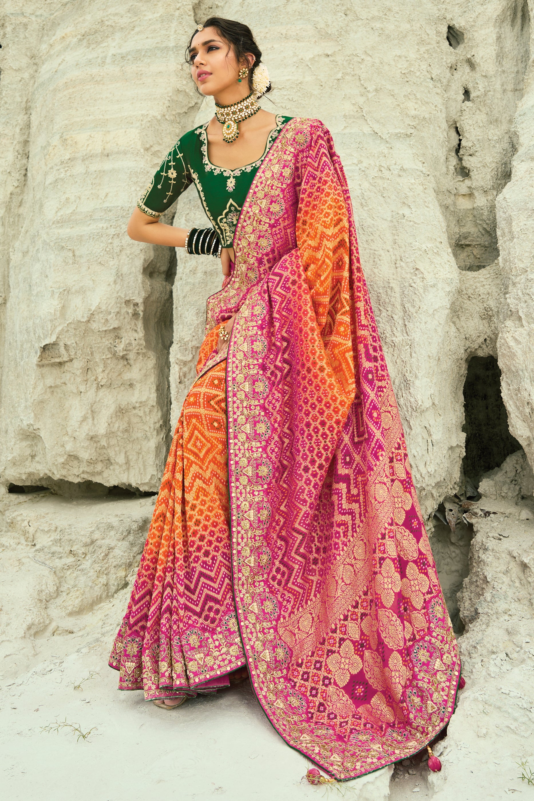 Orange & Pink Georgette Bandhani Saree-SAR10303_4_SareeButa.com