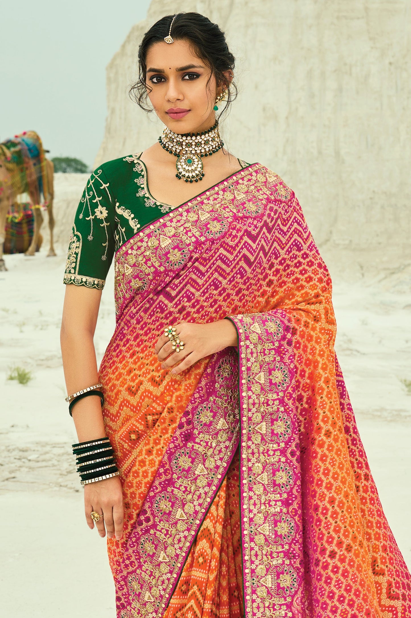 Orange & Pink Georgette Bandhani Saree-SAR10303_5_SareeButa.com