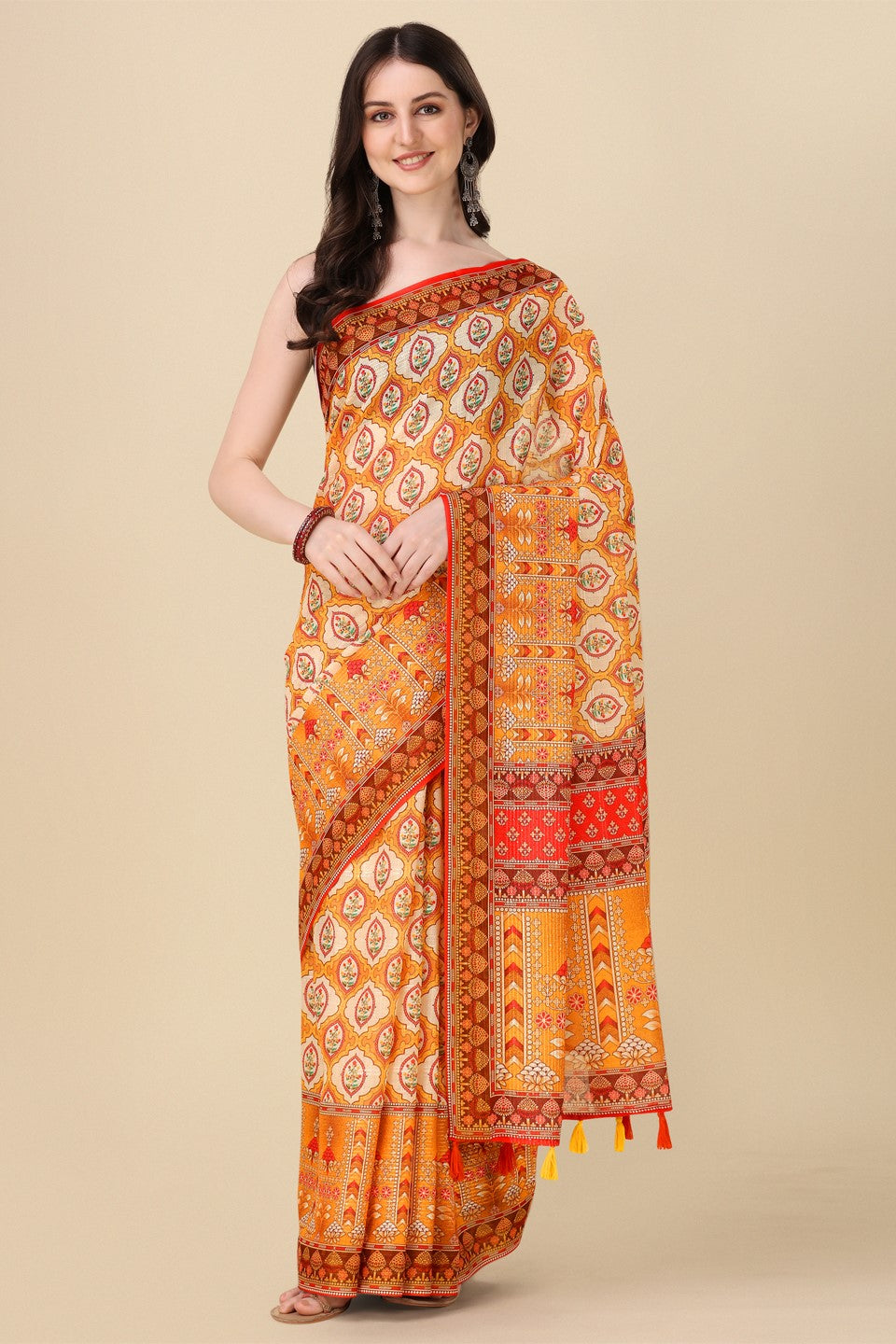 orange-printed-linen-saree-zb132680_1_SareeButa.com