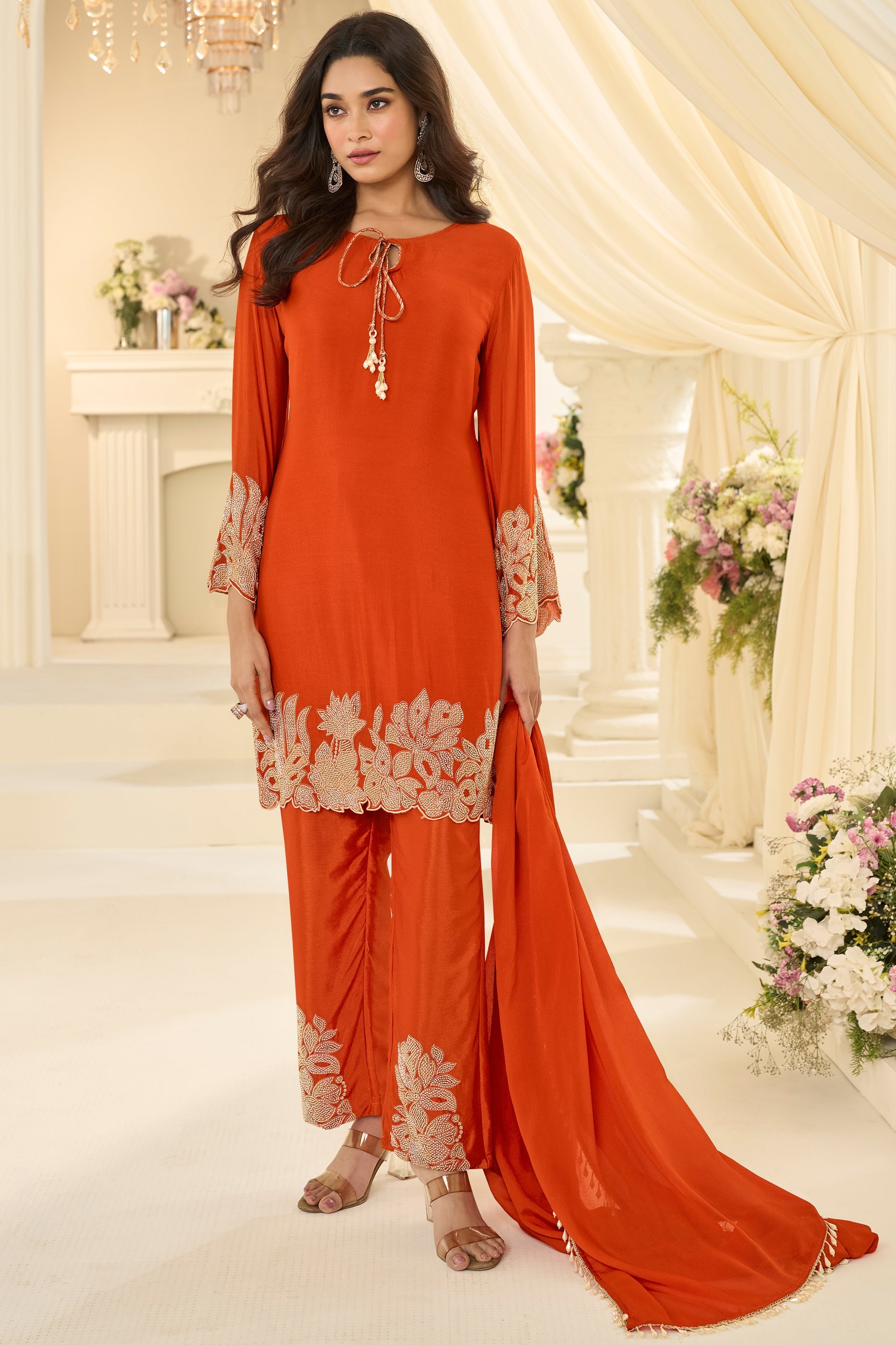 Orange Readymade Bead Work Chinon Silk Suit-SAR12196_1_SareeButa.com