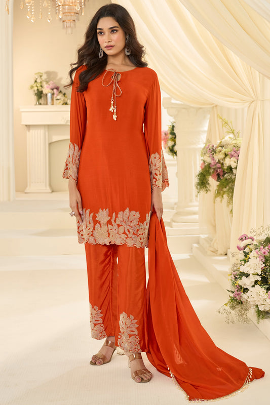 Orange Readymade Bead Work Chinon Silk Suit-SAR12196_1_SareeButa.com