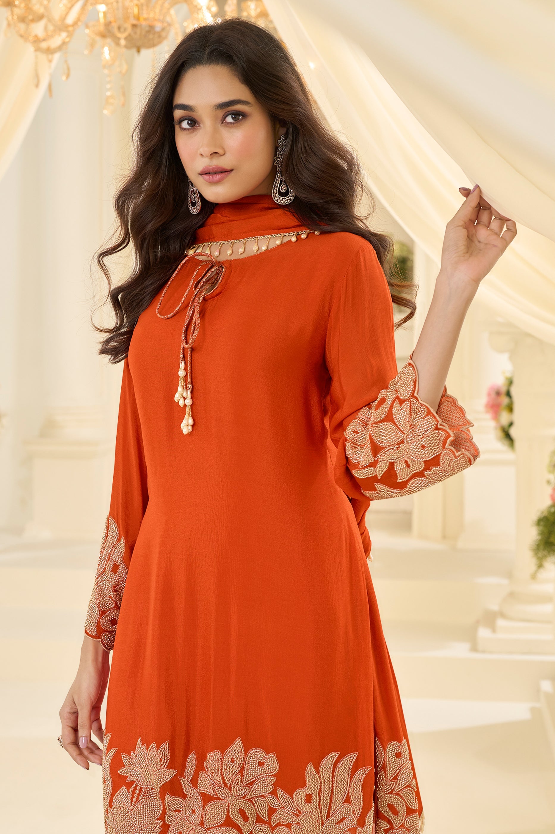 Orange Readymade Bead Work Chinon Silk Suit-SAR12196_2_SareeButa.com