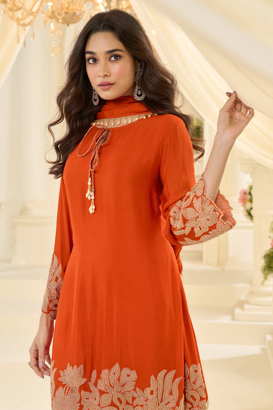Orange Readymade Bead Work Chinon Silk Suit-SAR12196_2_SareeButa.com