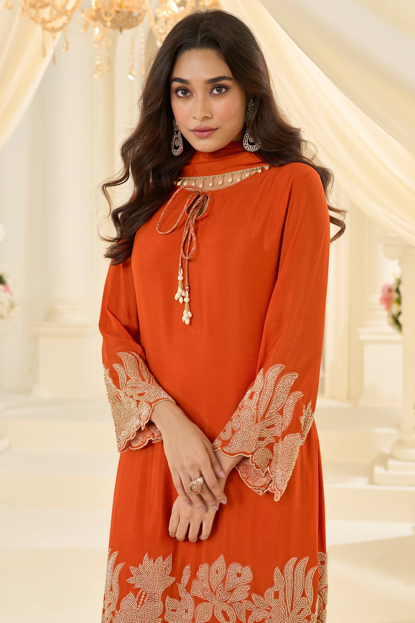 Orange Readymade Bead Work Chinon Silk Suit-SAR12196_3_SareeButa.com
