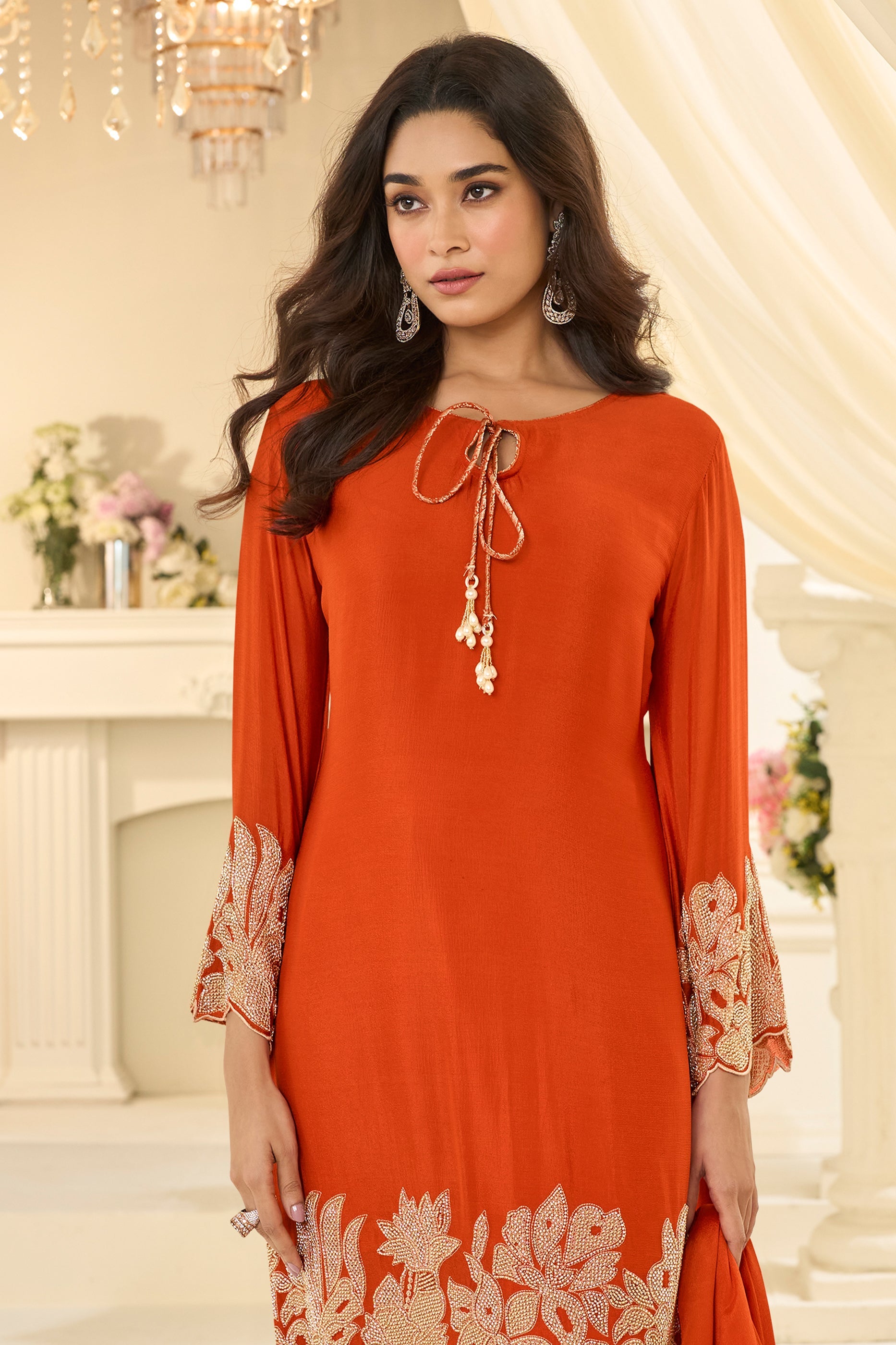 Orange Readymade Bead Work Chinon Silk Suit-SAR12196_4_SareeButa.com