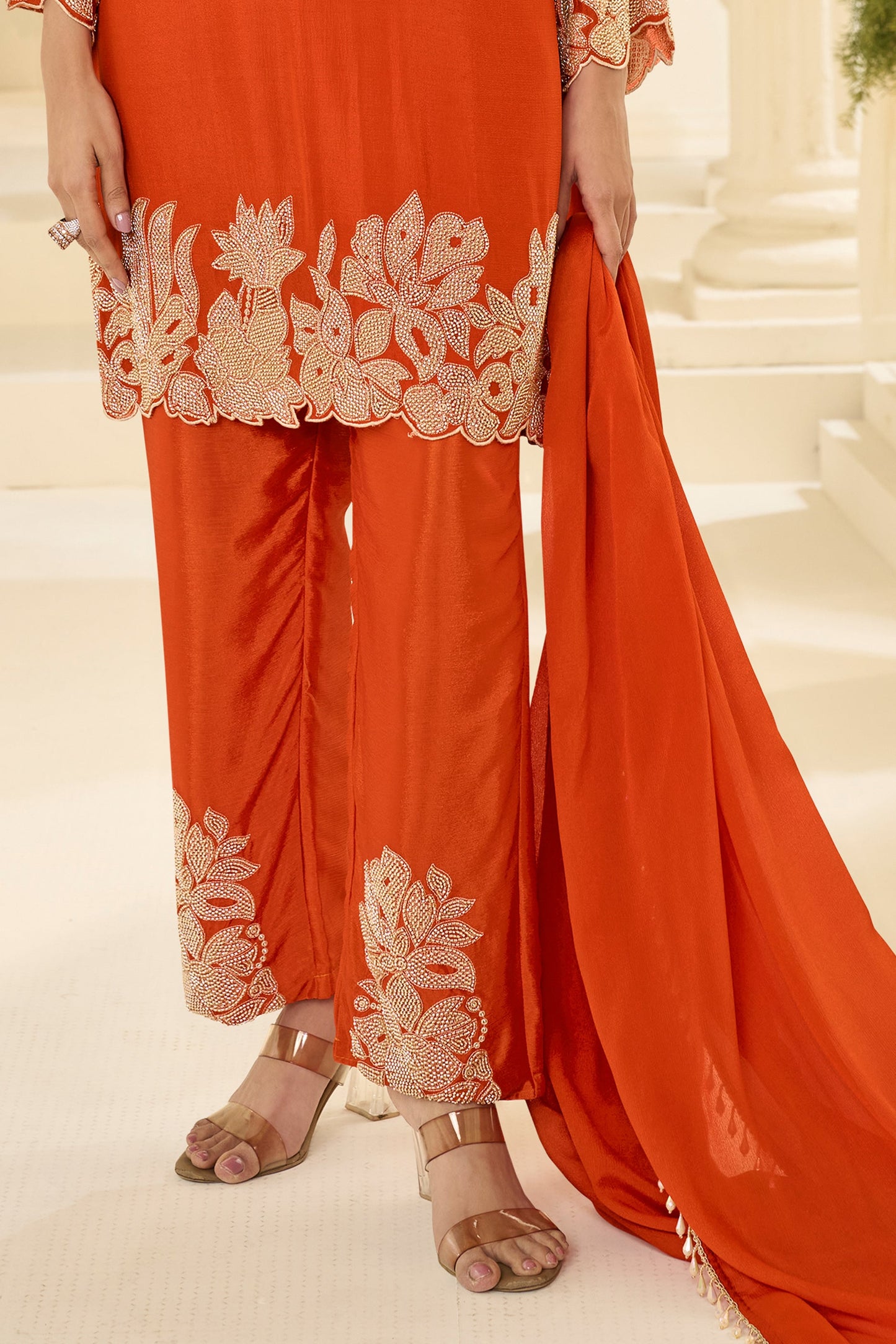 Orange Readymade Bead Work Chinon Silk Suit-SAR12196_5_SareeButa.com
