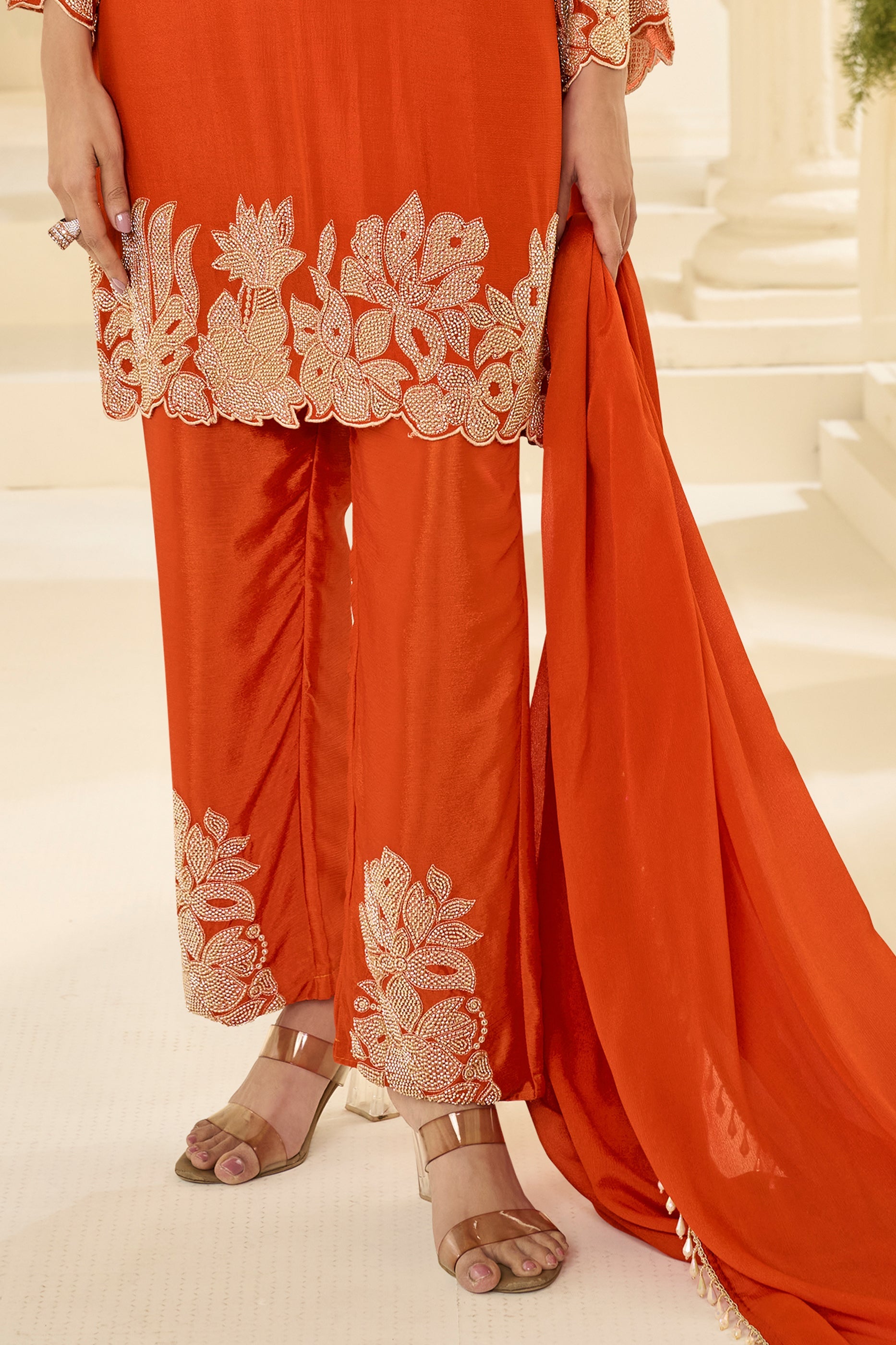 Orange Readymade Bead Work Chinon Silk Suit-SAR12196_5_SareeButa.com