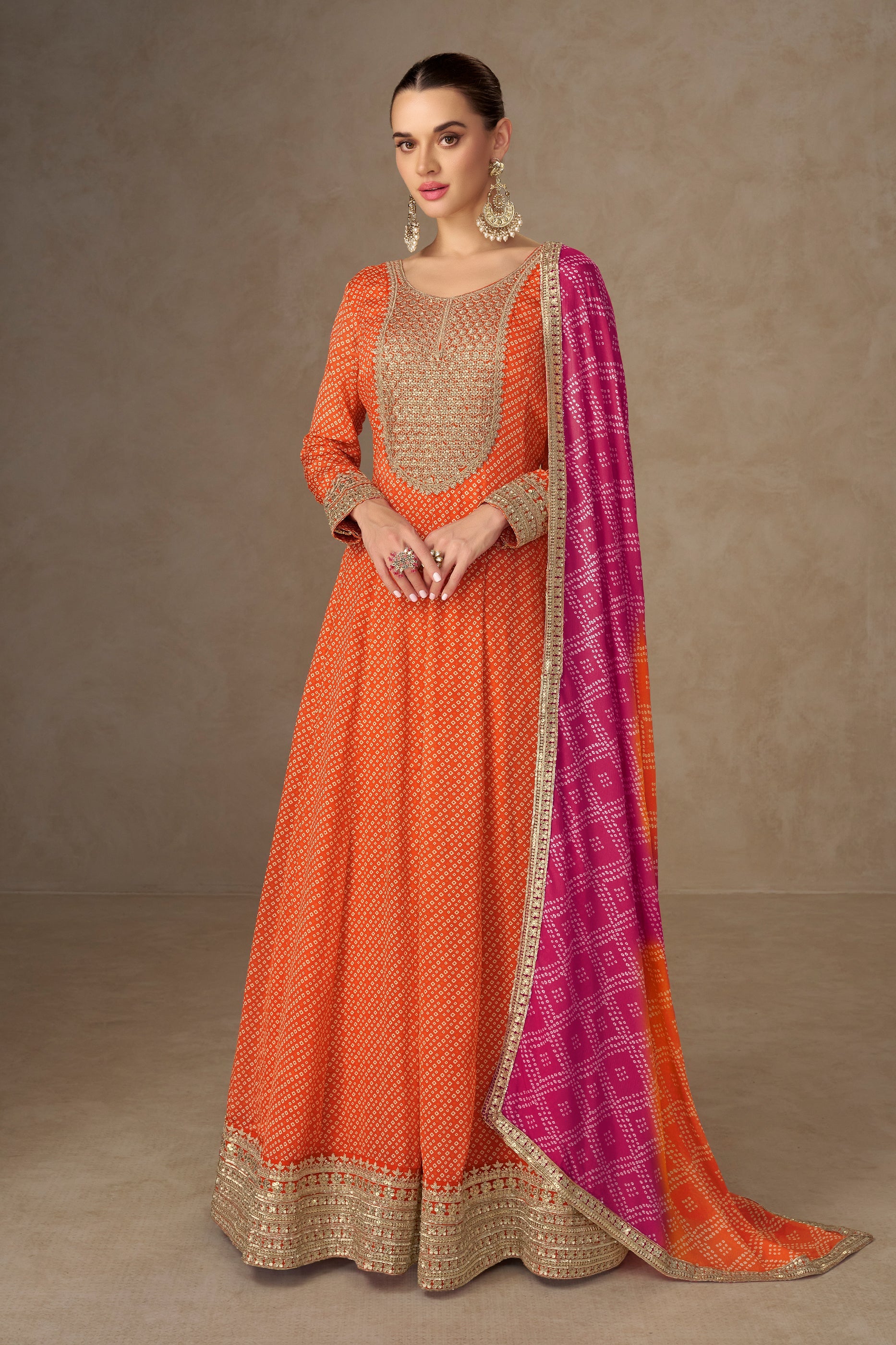 Orange Readymade Chinon Gown With Dupatta-SAR10658_1_SareeButa.com