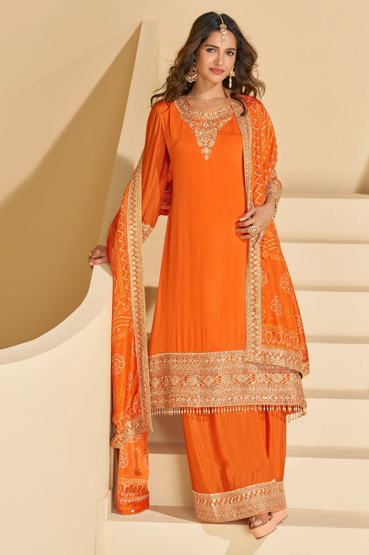 Orange Readymade Embroidered Chinnon Silk Suit-SAR10673_1_SareeButa.com