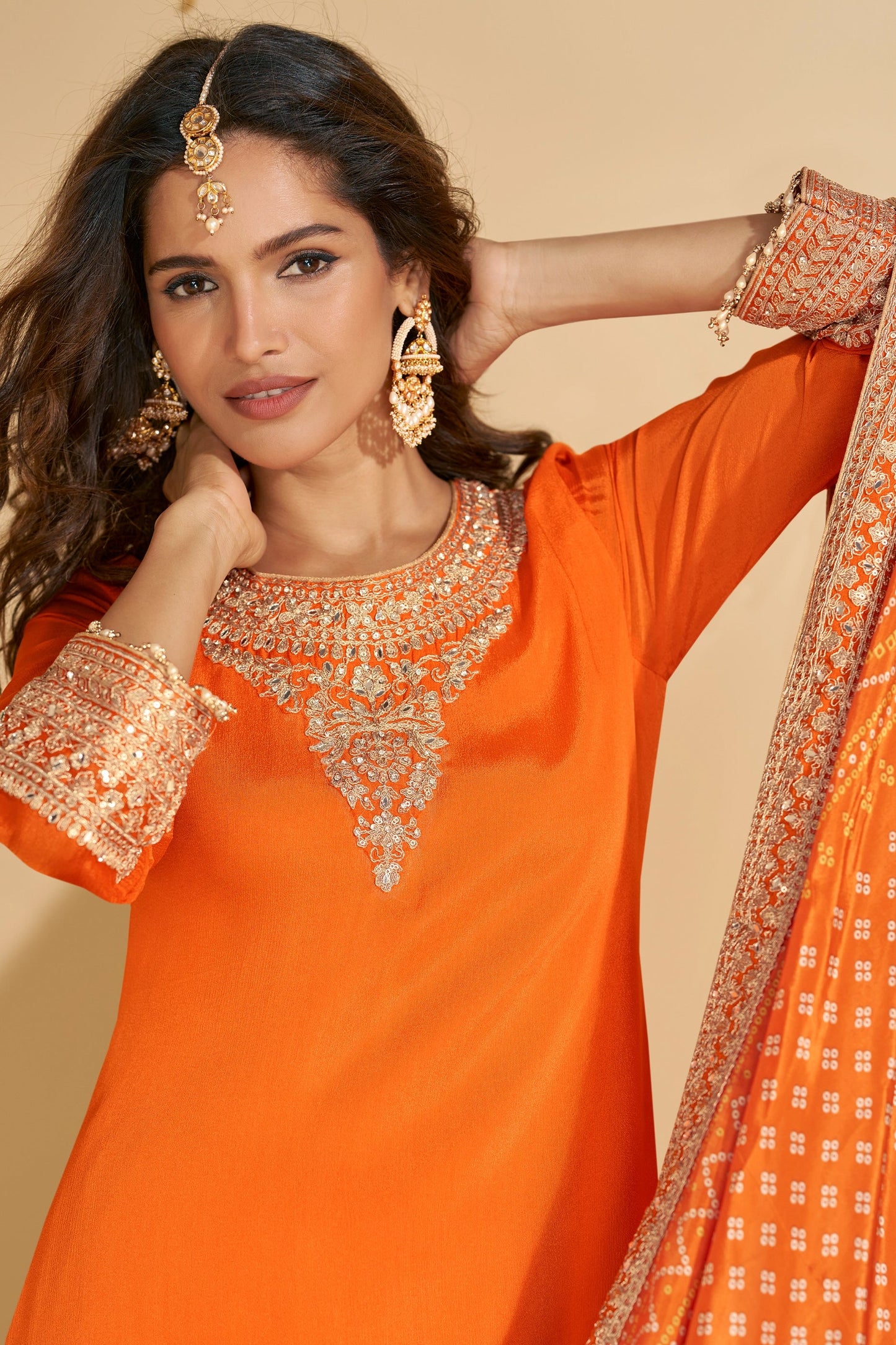 Orange Readymade Embroidered Chinnon Silk Suit-SAR10673_3_SareeButa.com