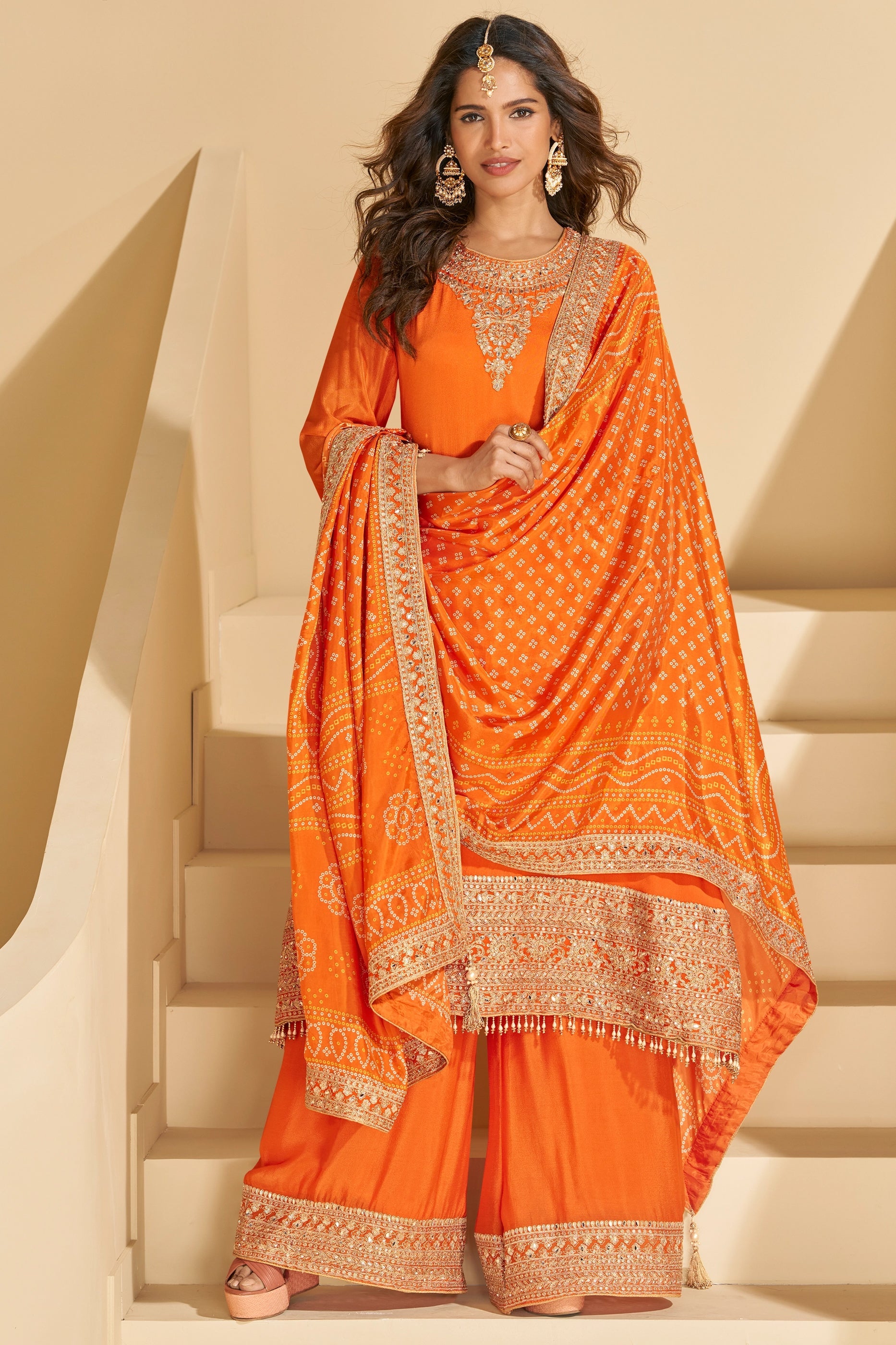 Orange Readymade Embroidered Chinnon Silk Suit-SAR10673_4_SareeButa.com