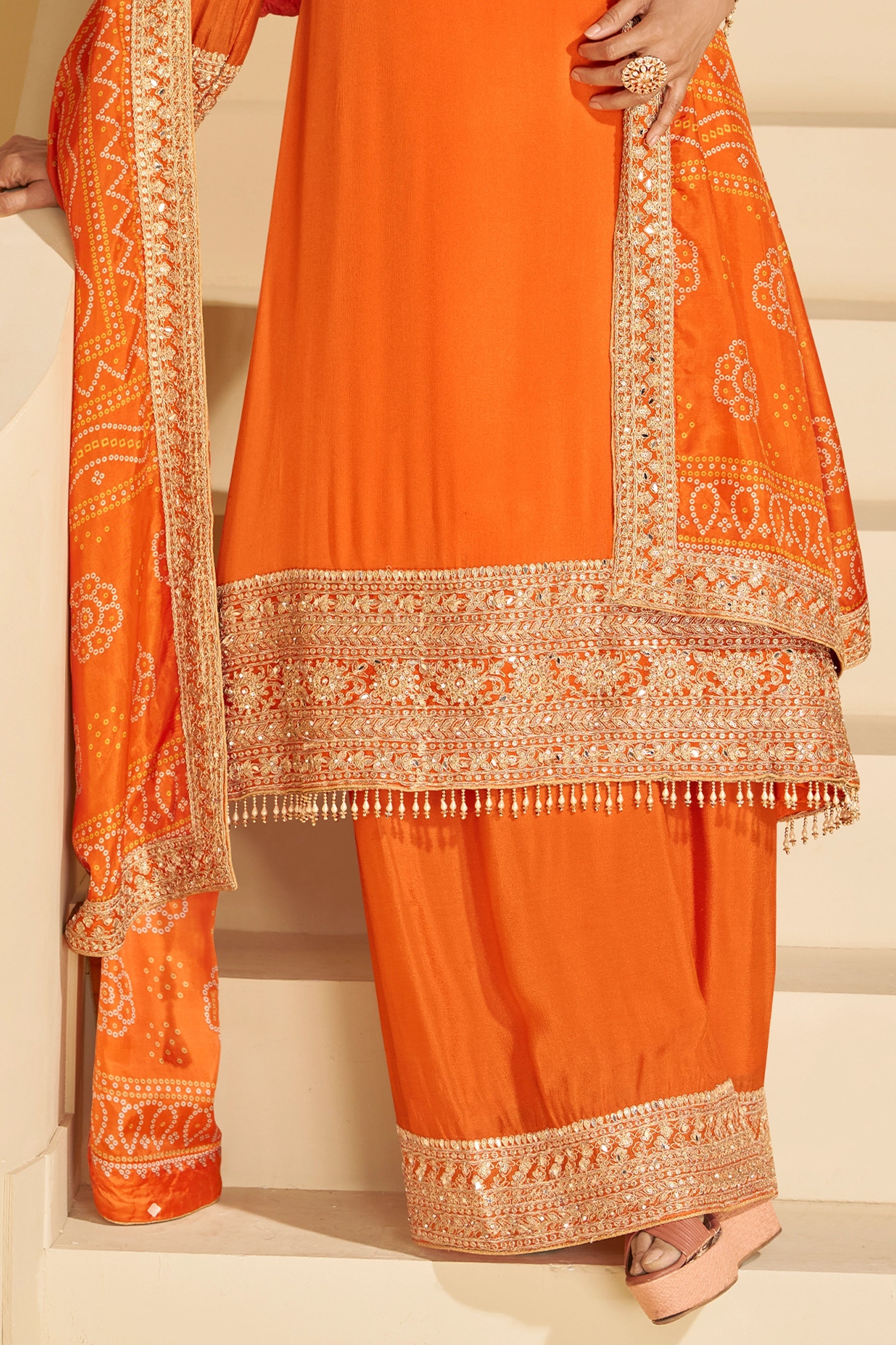 Orange Readymade Embroidered Chinnon Silk Suit-SAR10673_5_SareeButa.com