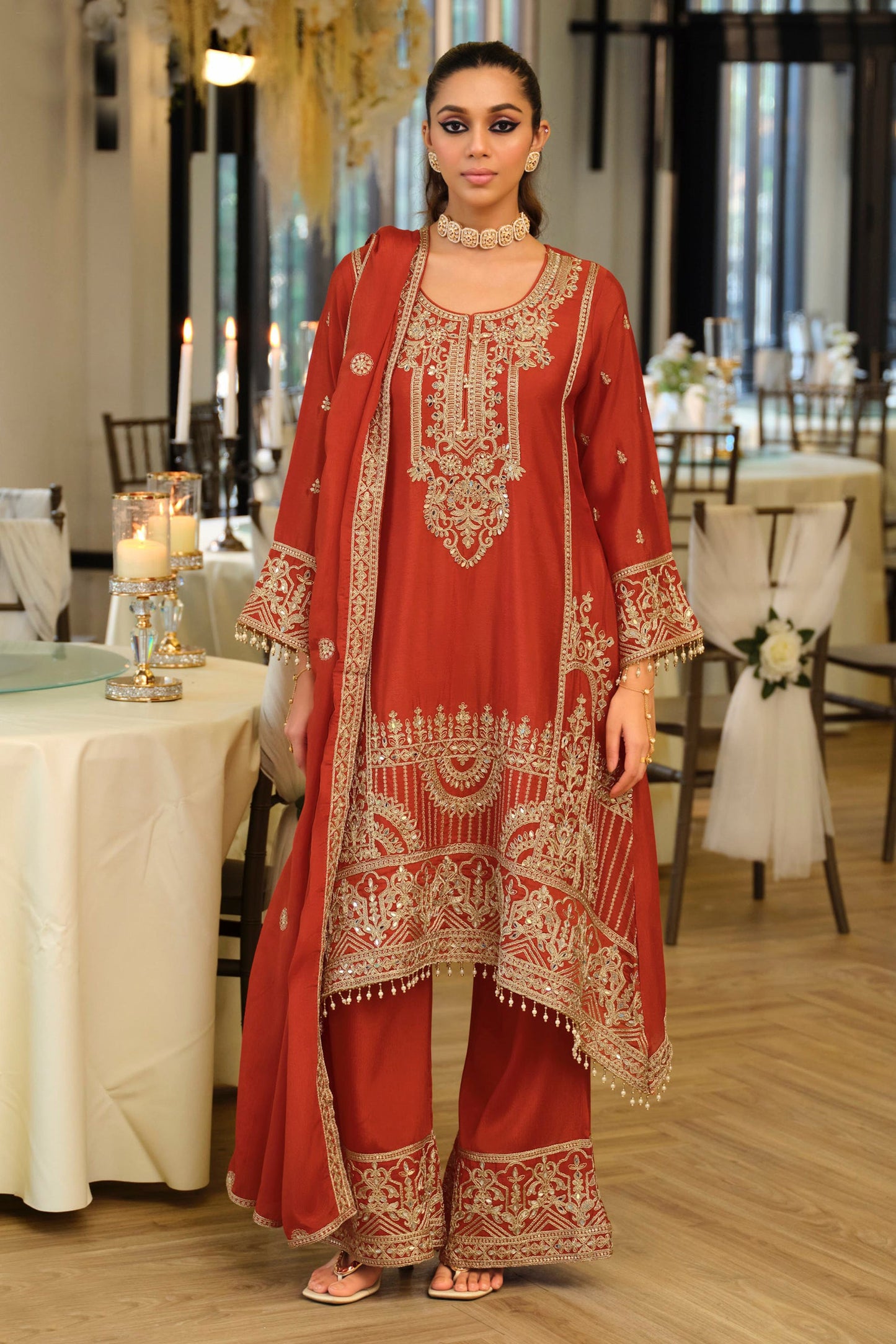 Orange Readymade Embroidered Chinon A-Line Suit-SAR11675_1_SareeButa.com