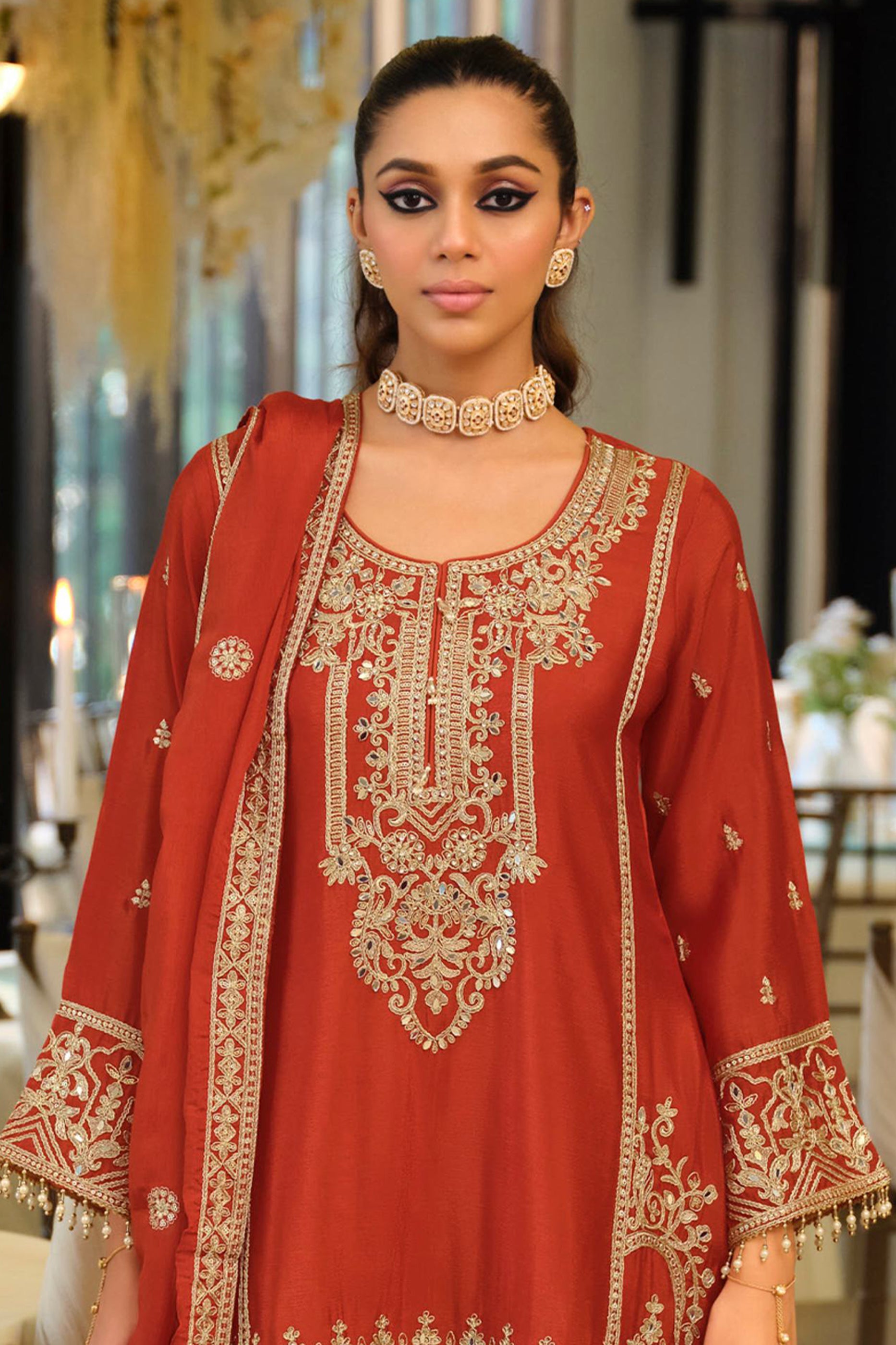 Orange Readymade Embroidered Chinon A-Line Suit-SAR11675_2_SareeButa.com