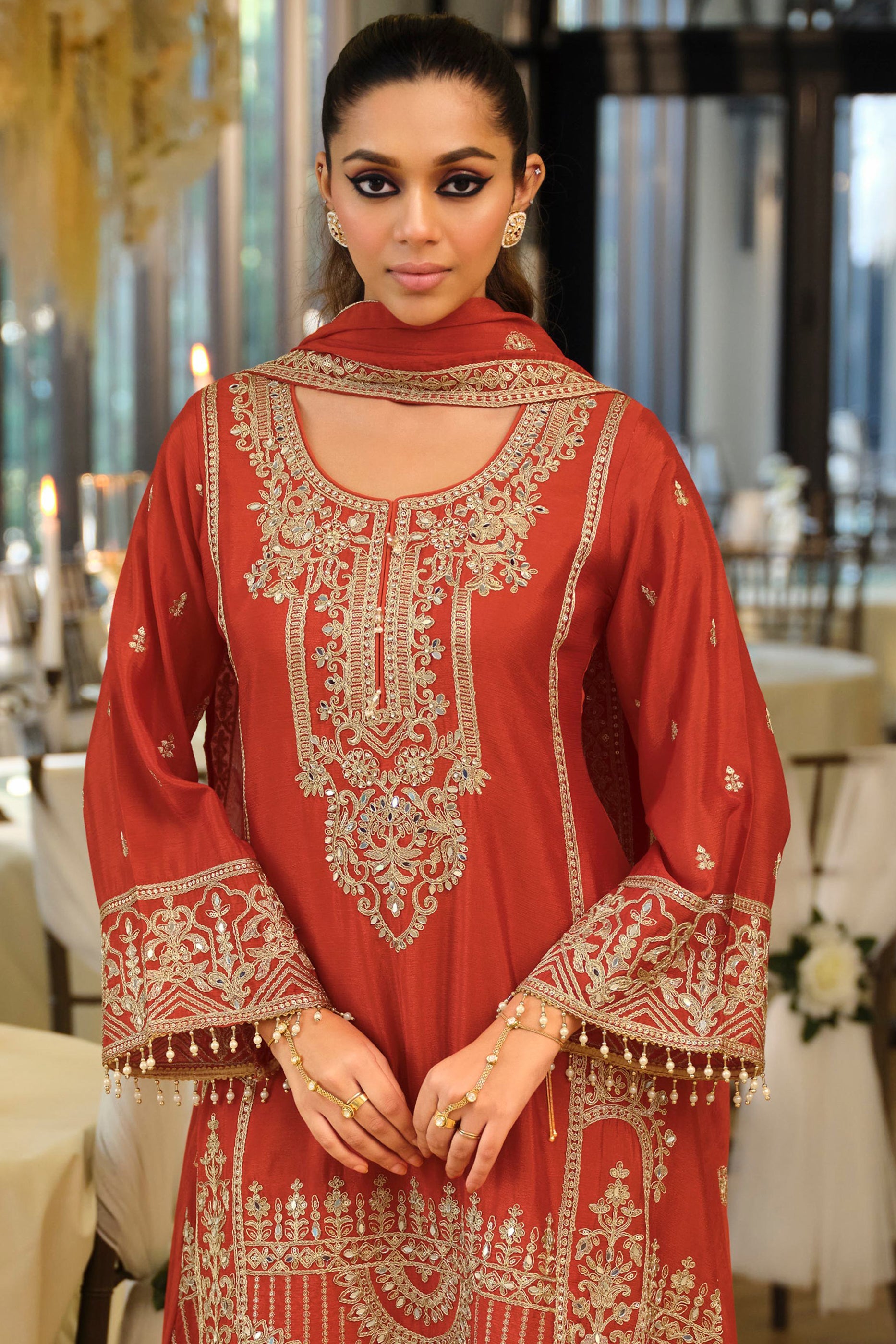 Orange Readymade Embroidered Chinon A-Line Suit-SAR11675_3_SareeButa.com