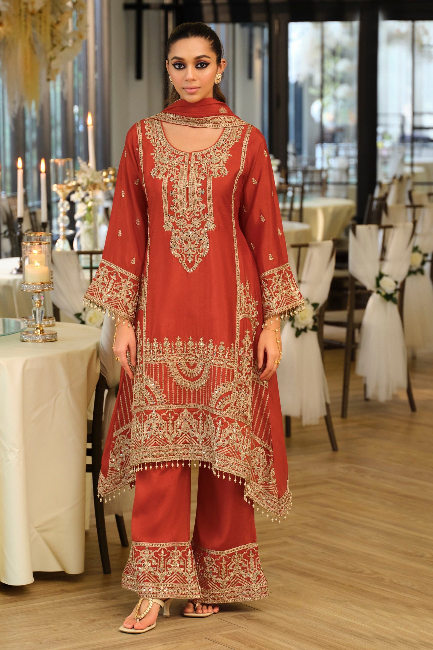 Orange Readymade Embroidered Chinon A-Line Suit-SAR11675_4_SareeButa.com