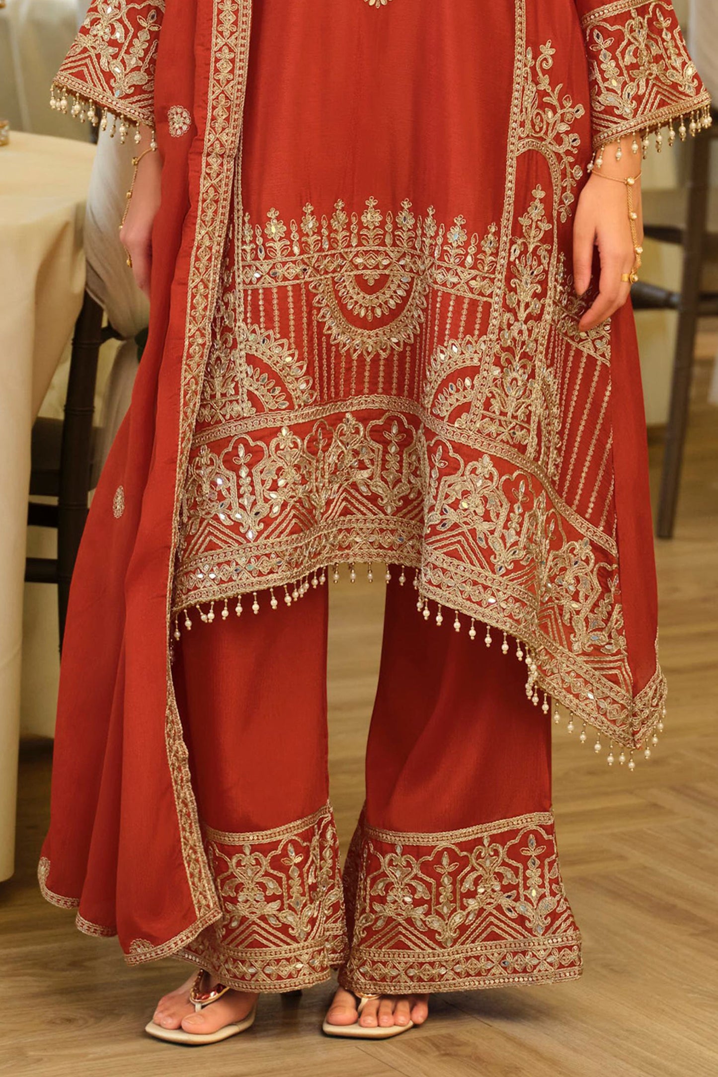 Orange Readymade Embroidered Chinon A-Line Suit-SAR11675_5_SareeButa.com