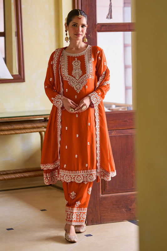 Orange Readymade Embroidered Chinon A-line Pant Suit-SAR11967_1_SareeButa.com