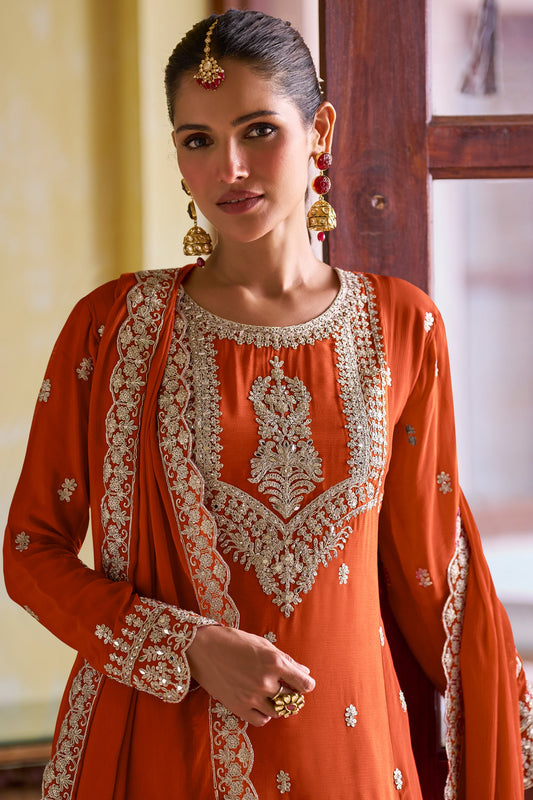 Orange Readymade Embroidered Chinon A-line Pant Suit-SAR11967_2_SareeButa.com
