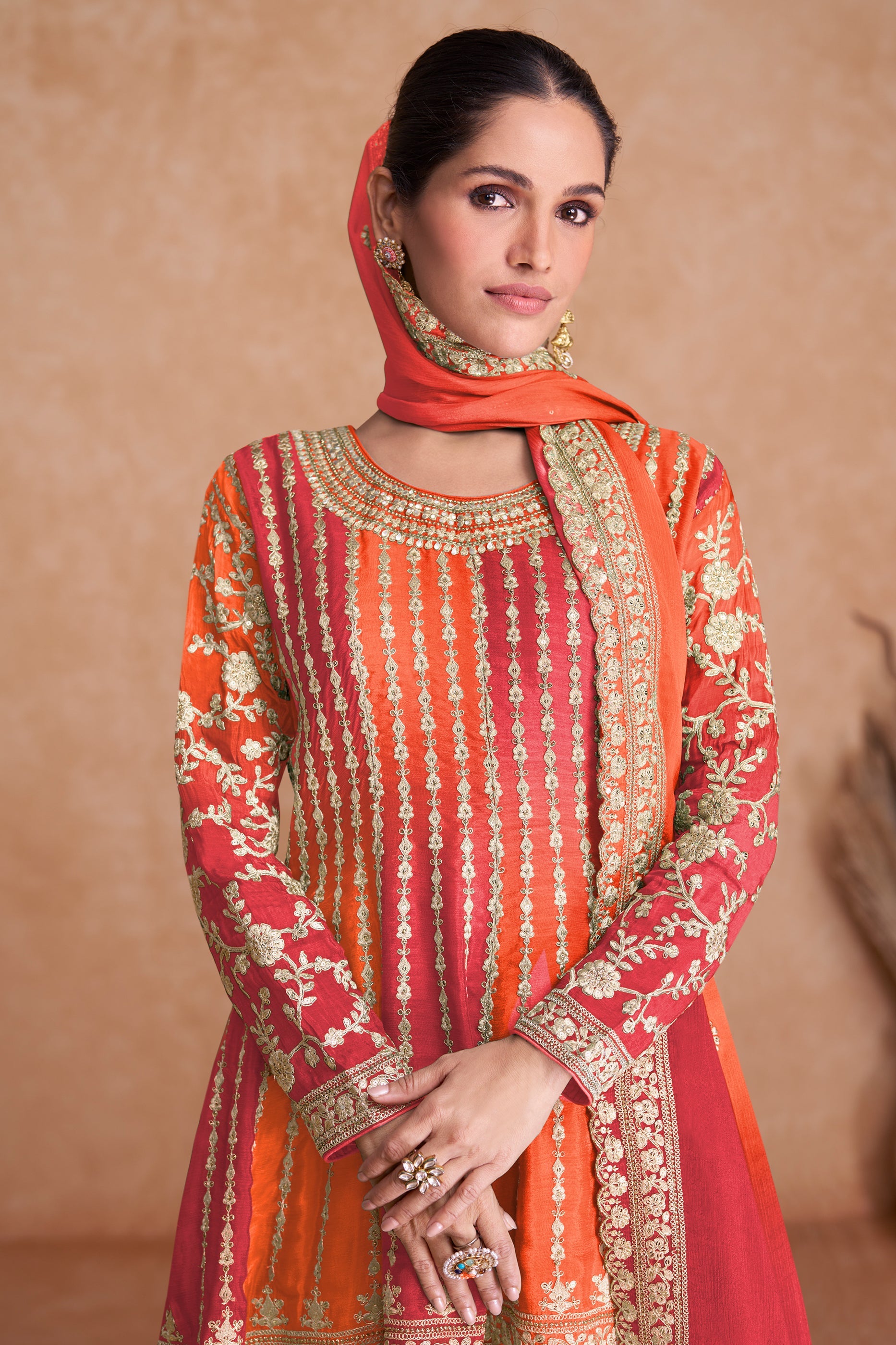 Orange Readymade Embroidered Chinon A-line Suit-SAR10800_2_SareeButa.com