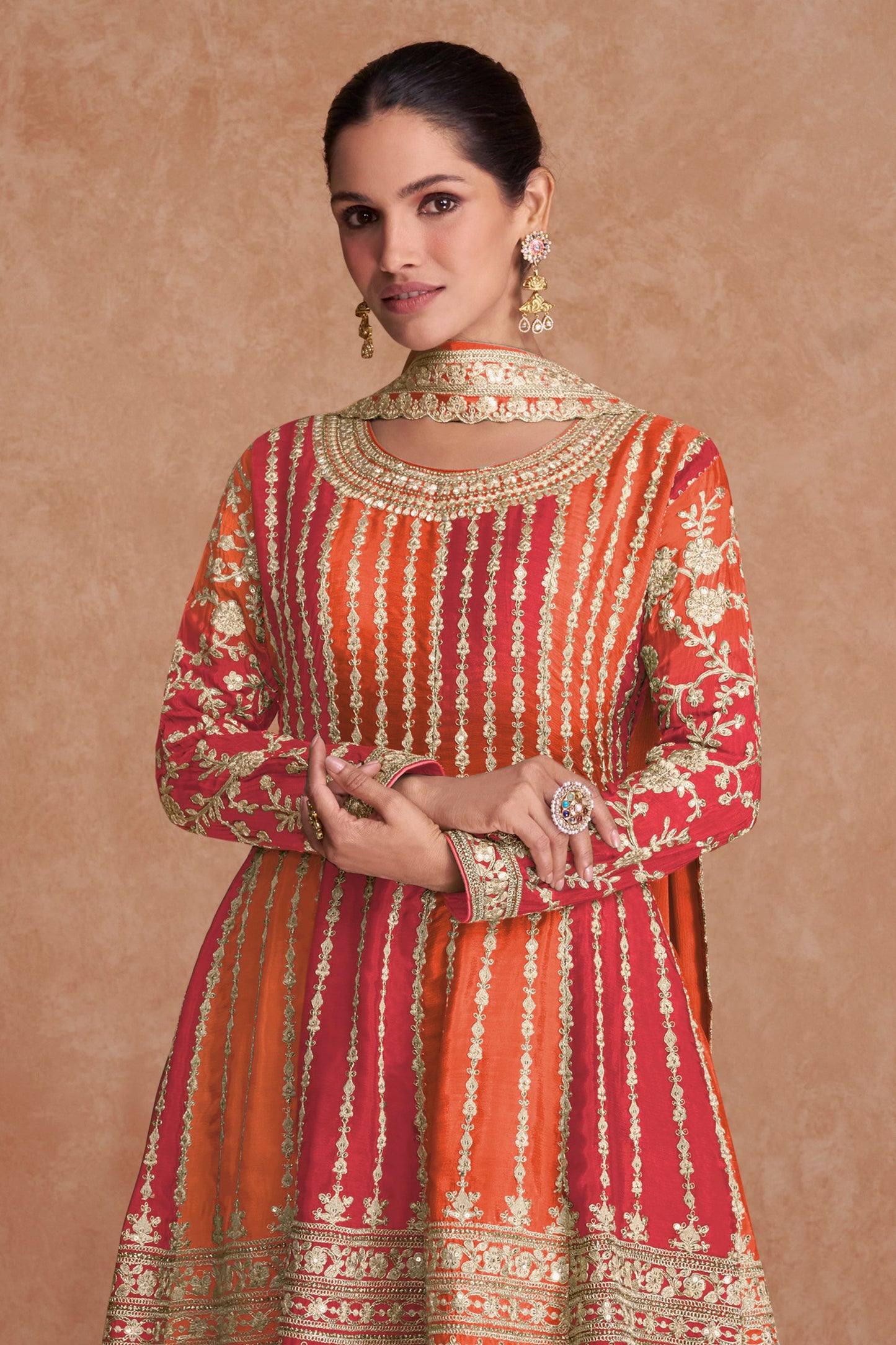 Orange Readymade Embroidered Chinon A-line Suit-SAR10800_3_SareeButa.com