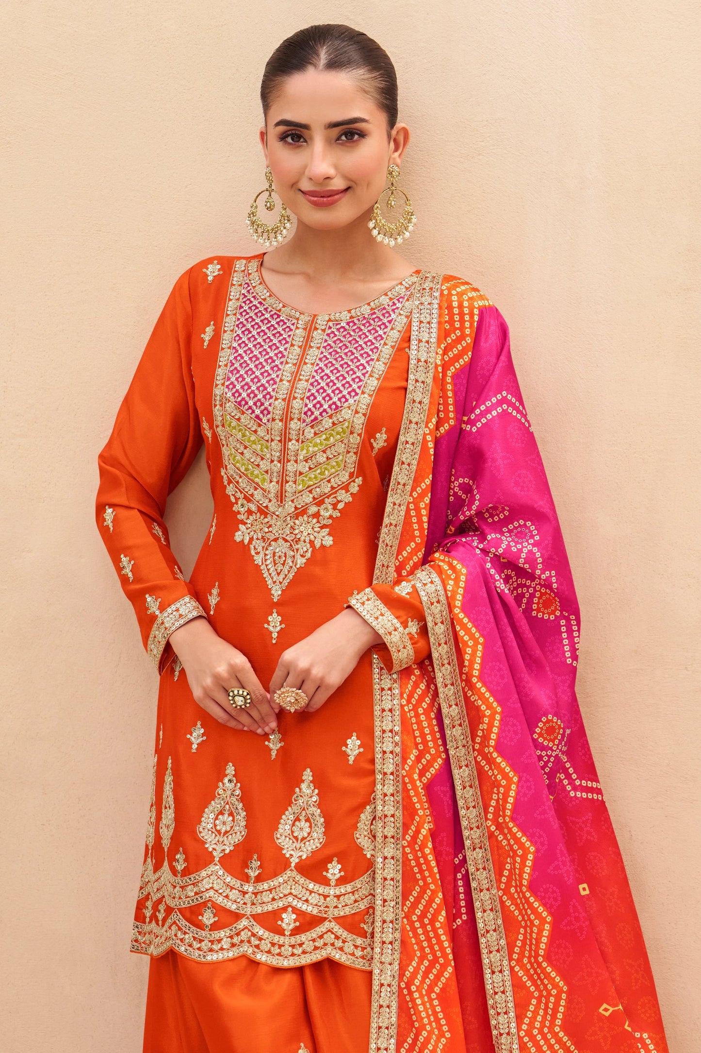 Orange Readymade Embroidered Chinon Palazzo Suit-SAR10913_2_SareeButa.com