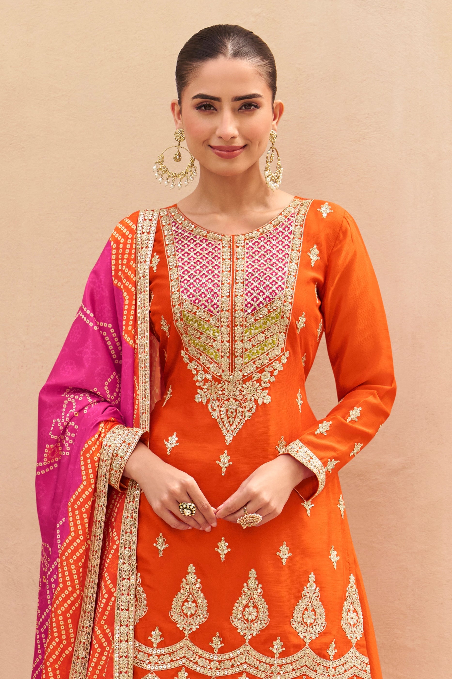 Orange Readymade Embroidered Chinon Palazzo Suit-SAR10913_3_SareeButa.com