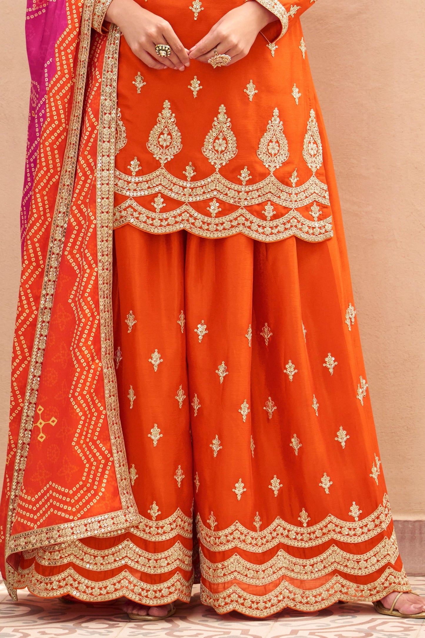 Orange Readymade Embroidered Chinon Palazzo Suit-SAR10913_4_SareeButa.com
