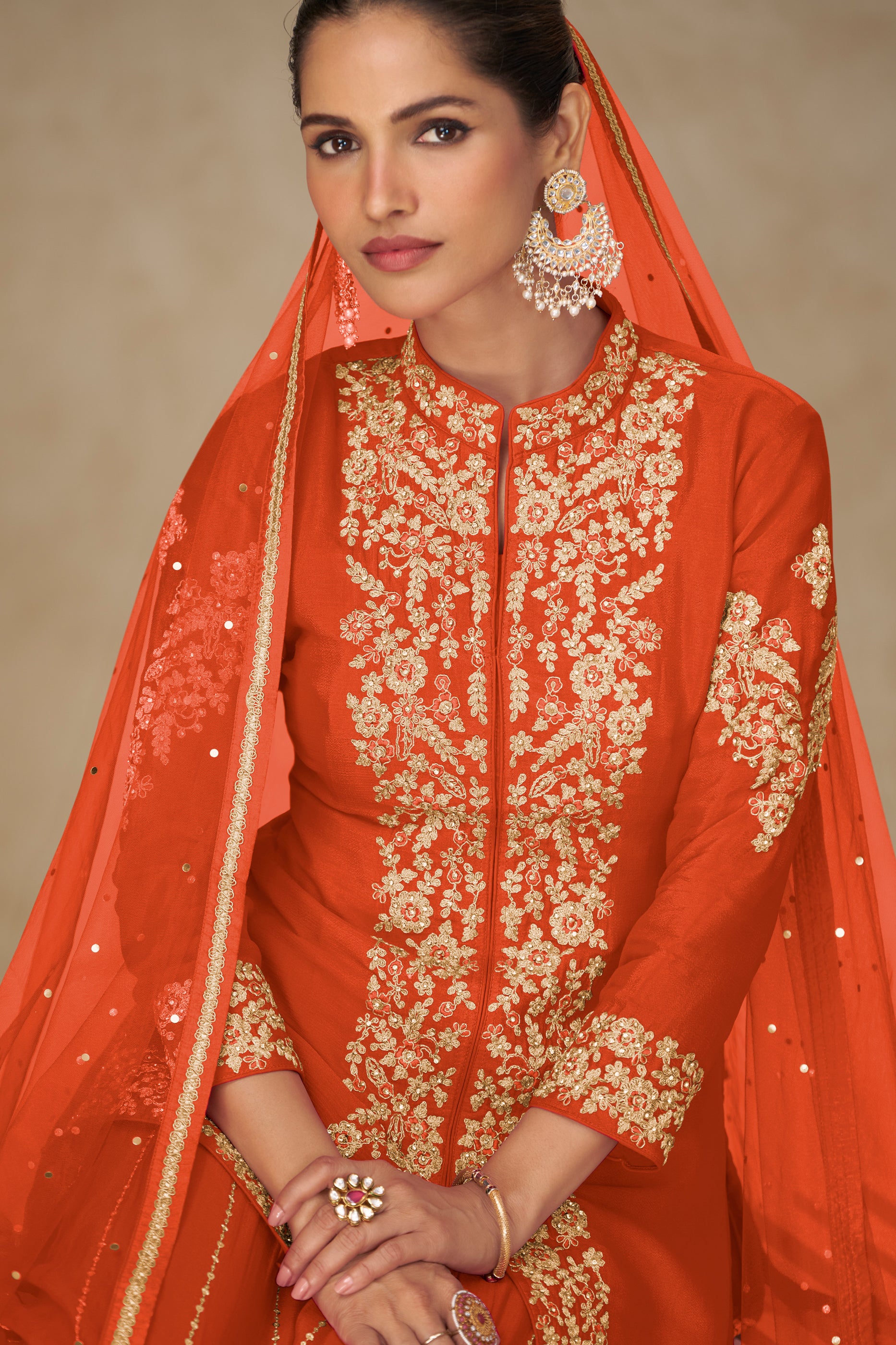 Orange Readymade Embroidered Chinon Palazzo Suit-SAR12496_2_SareeButa.com