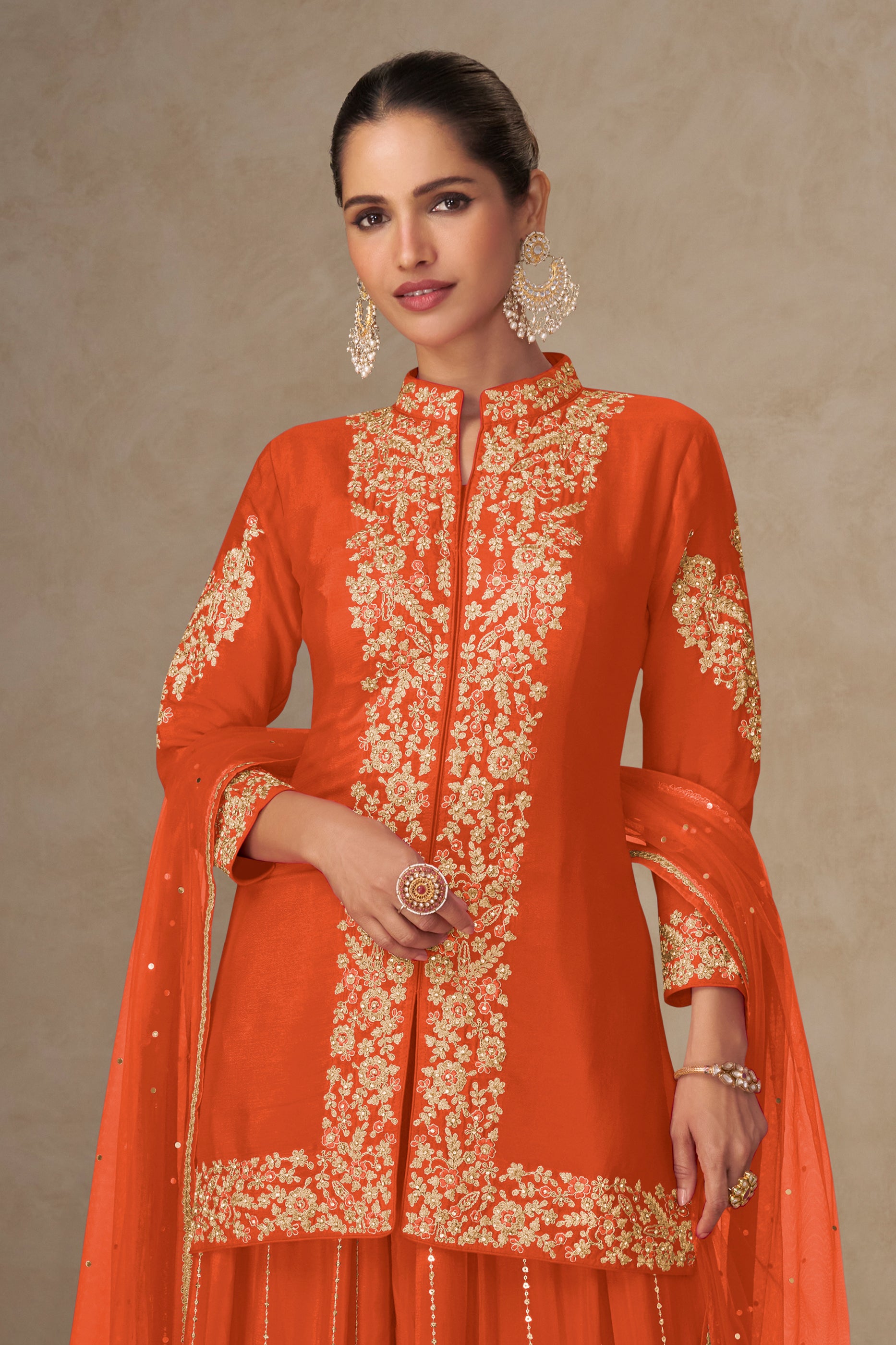 Orange Readymade Embroidered Chinon Palazzo Suit-SAR12496_3_SareeButa.com