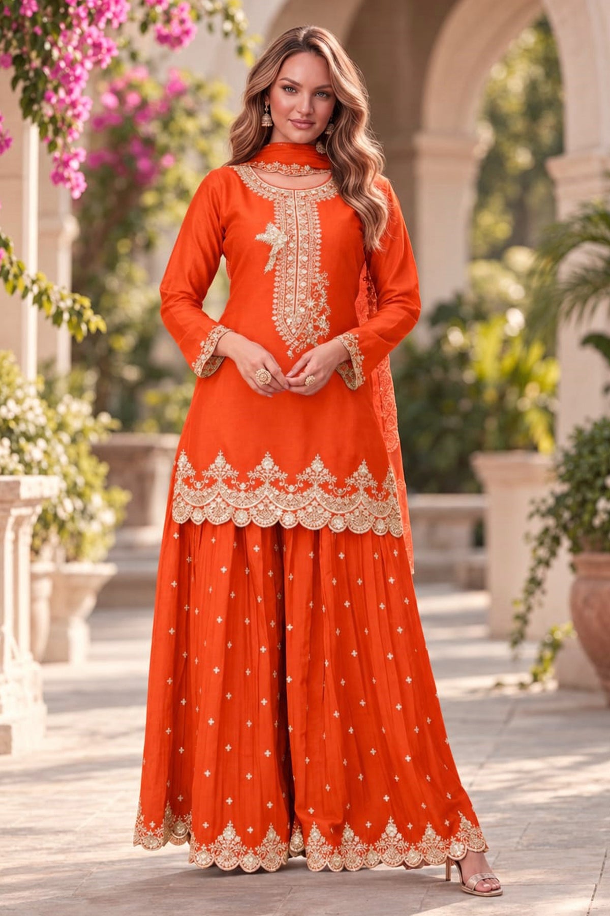 Orange Readymade Embroidered Chinon Palazzo Suit-SAR13343_1_SareeButa.com