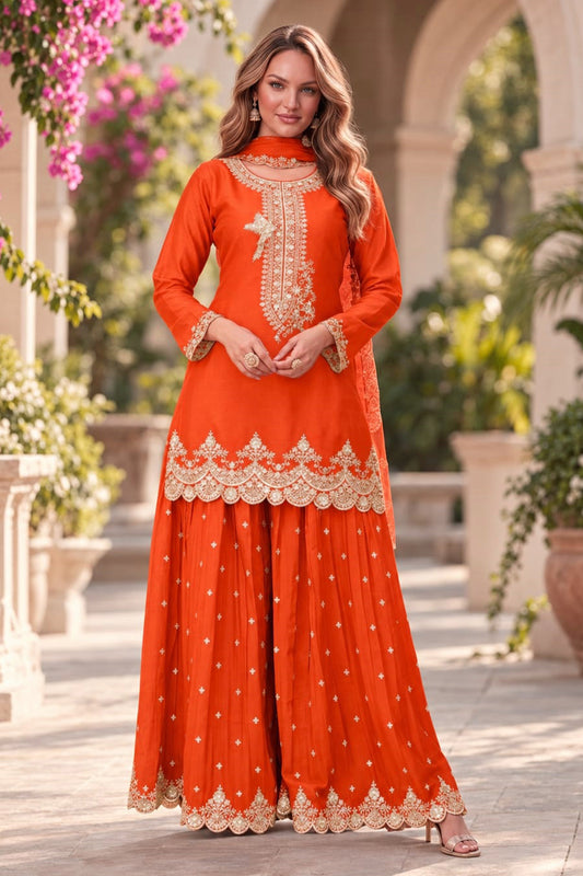 Orange Readymade Embroidered Chinon Palazzo Suit-SAR13343_1_SareeButa.com