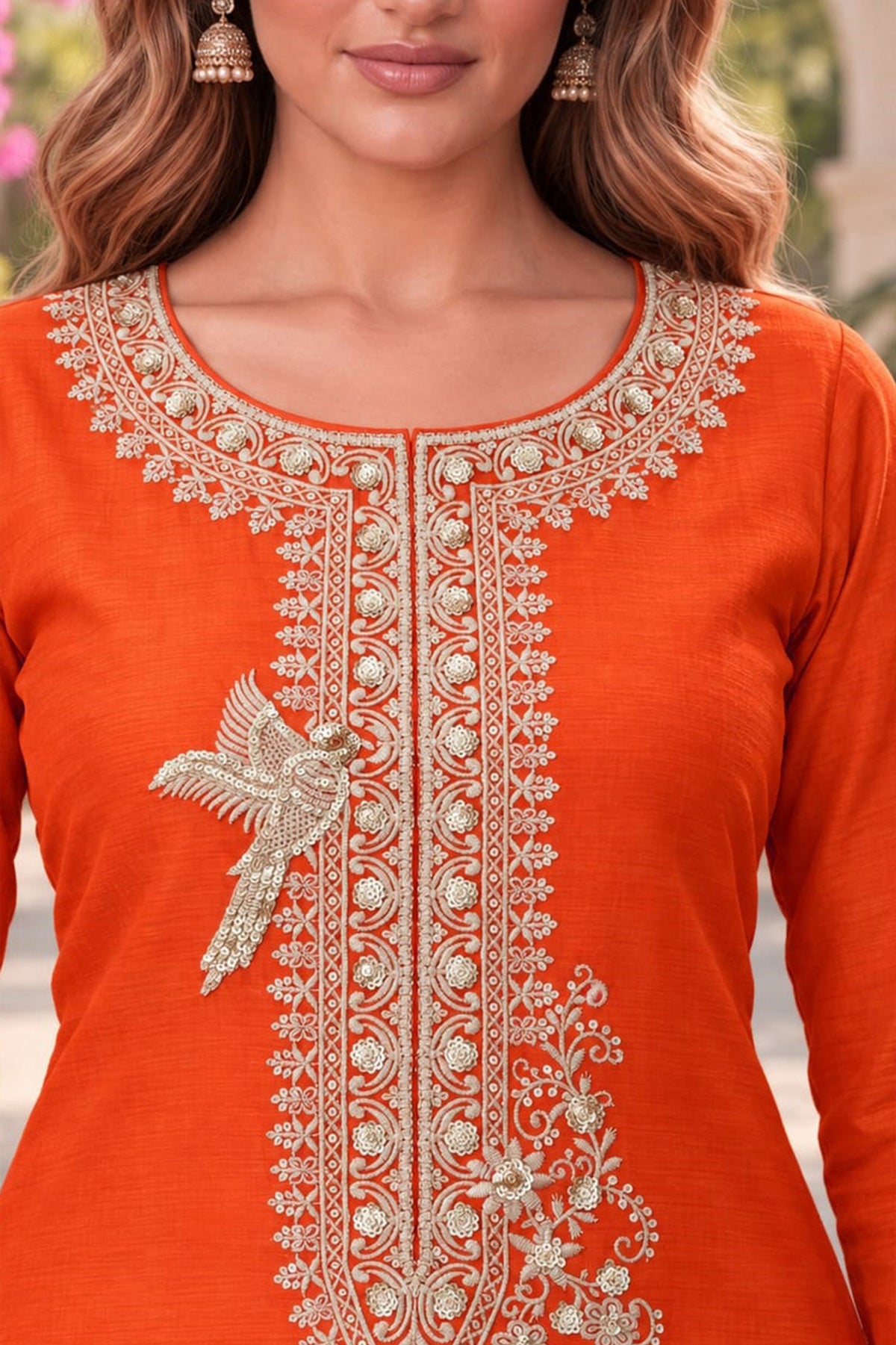 Orange Readymade Embroidered Chinon Palazzo Suit-SAR13343_2_SareeButa.com