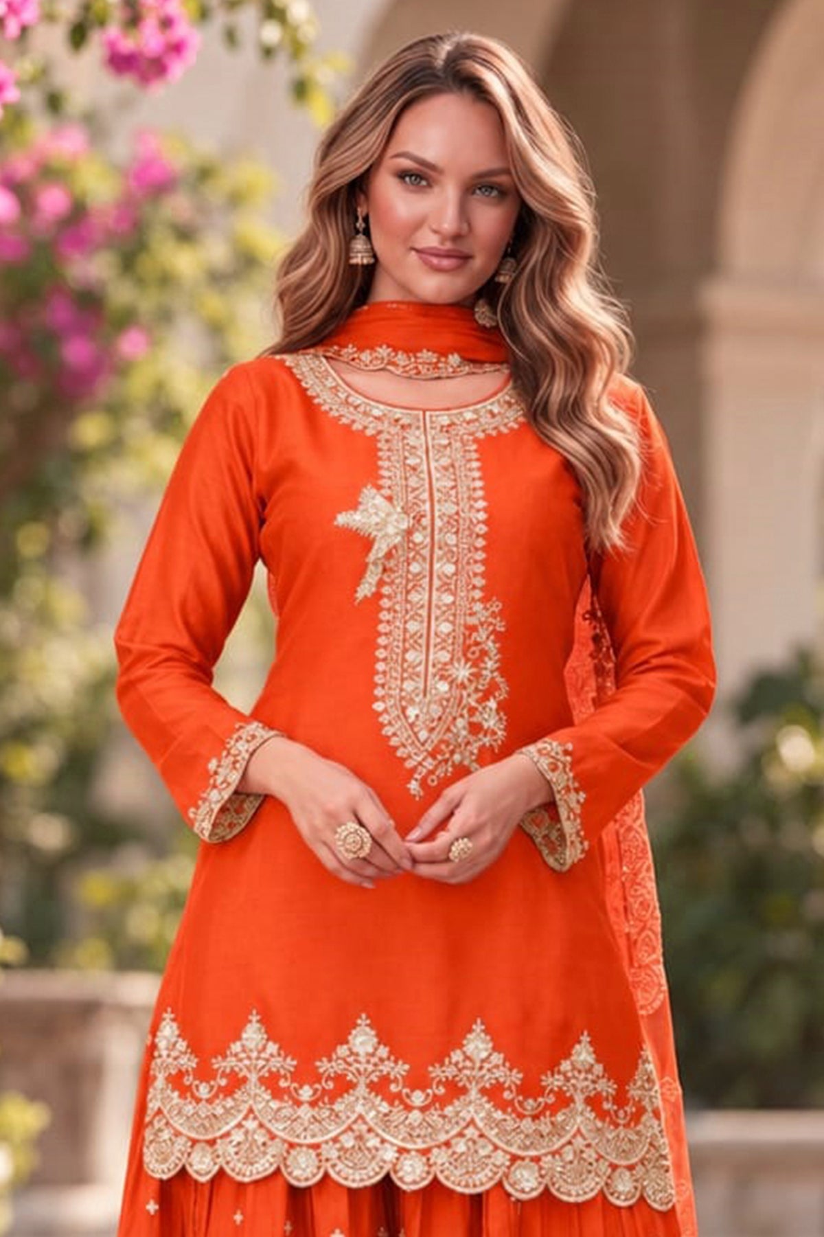 Orange Readymade Embroidered Chinon Palazzo Suit-SAR13343_5_SareeButa.com