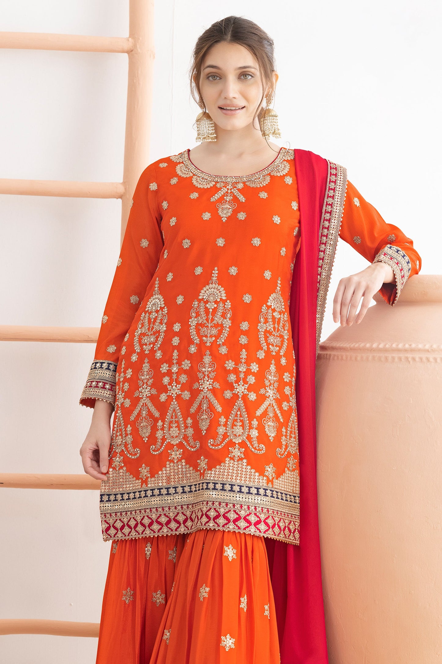 Orange Readymade Embroidered Chinon Sharara Suit-SAR10816_2_SareeButa.com