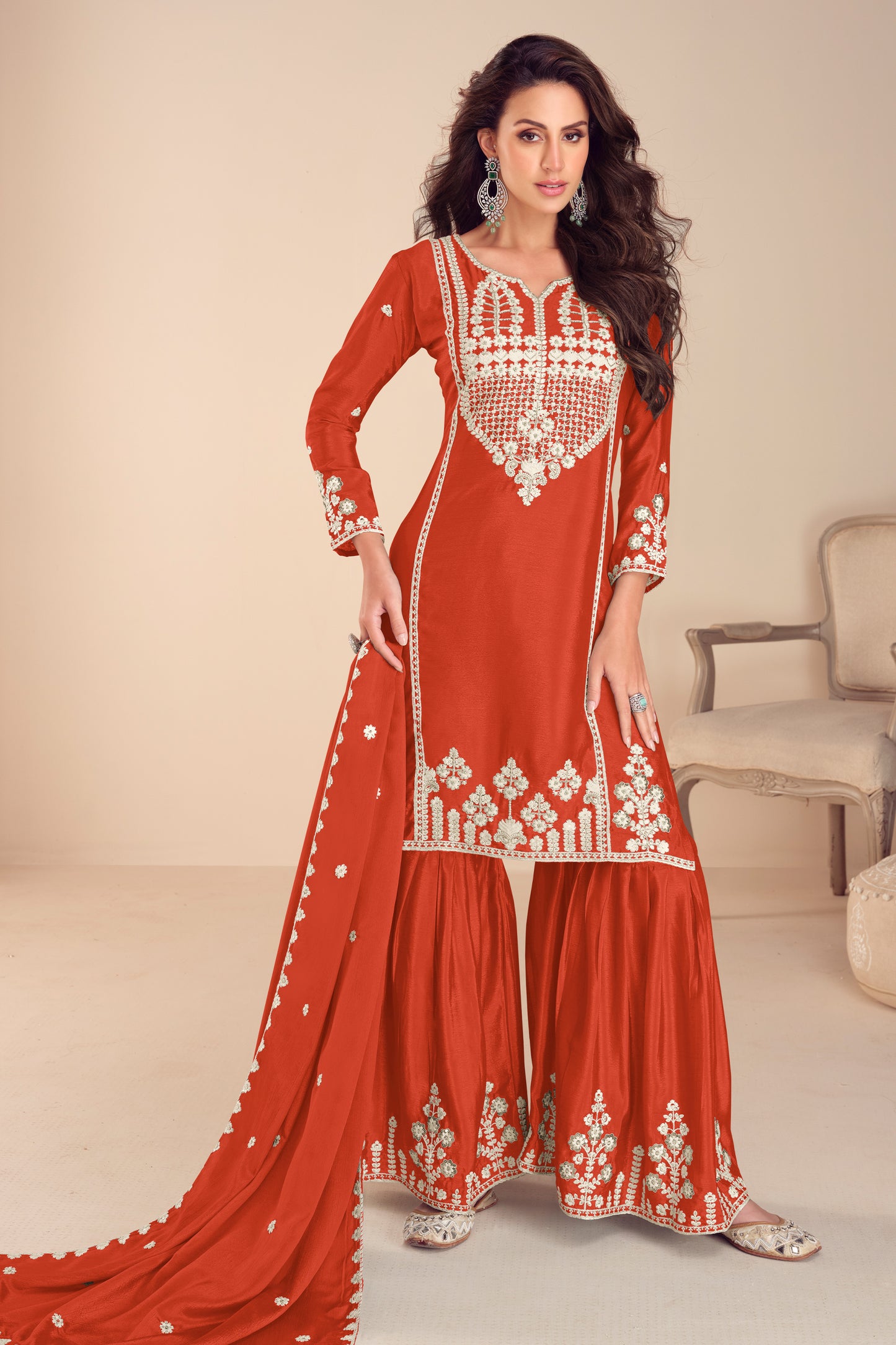Orange Readymade Embroidered Chinon Sharara Suit-SAR12191_1_SareeButa.com