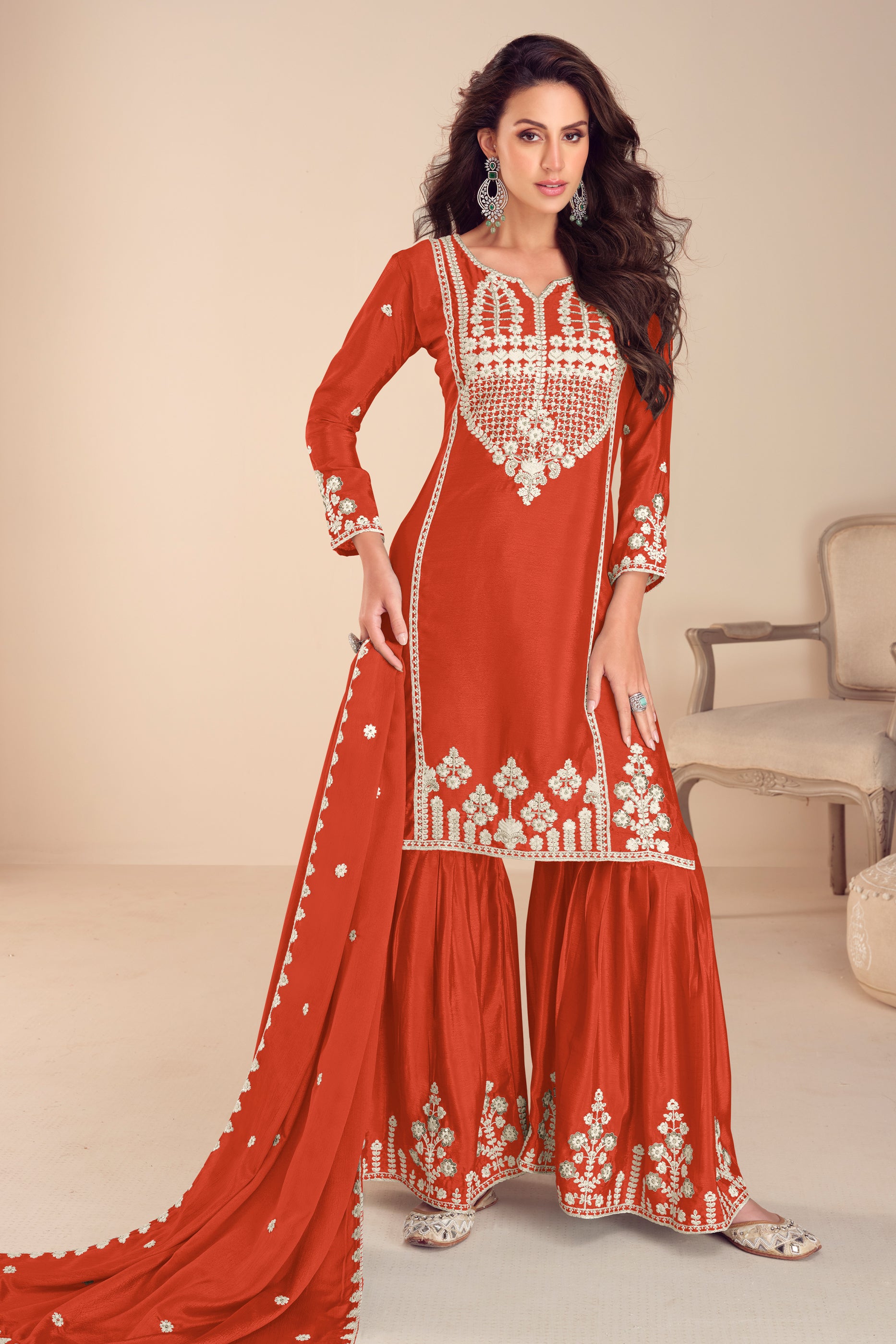 Orange Readymade Embroidered Chinon Sharara Suit-SAR12191_1_SareeButa.com