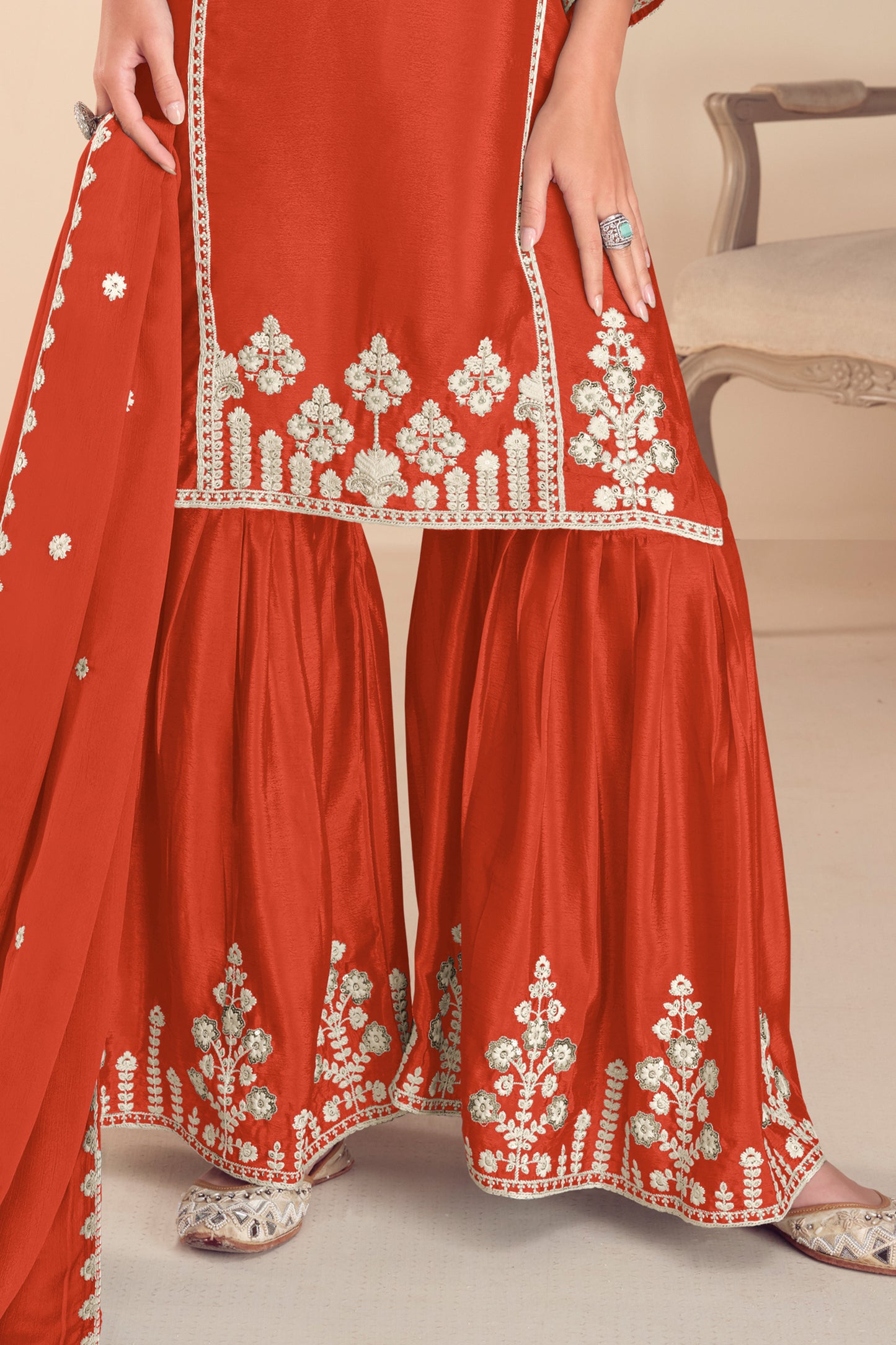 Orange Readymade Embroidered Chinon Sharara Suit-SAR12191_4_SareeButa.com