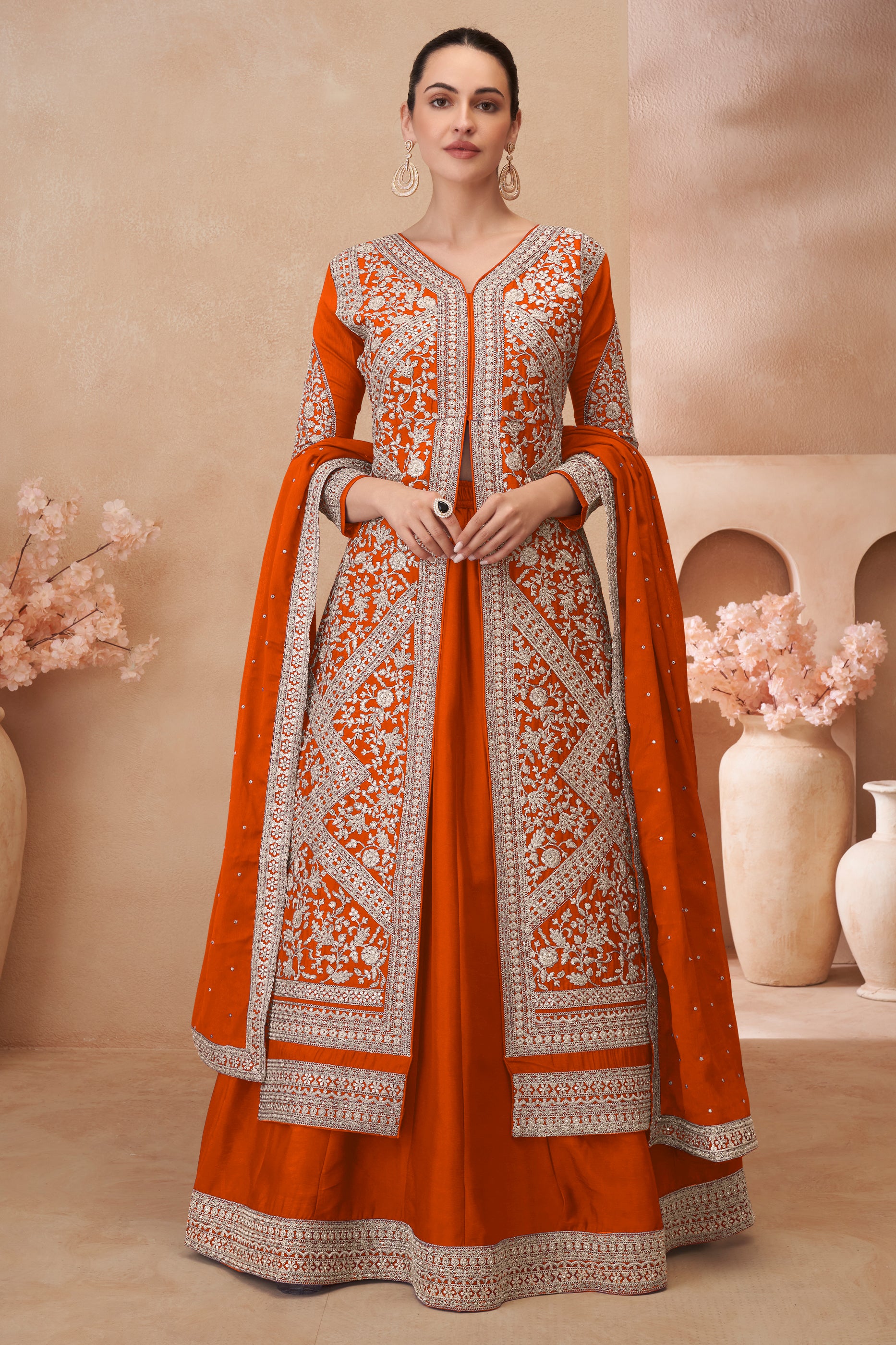 Orange Readymade Embroidered Chinon Silk Skirt Suit-SAR12181_1_SareeButa.com