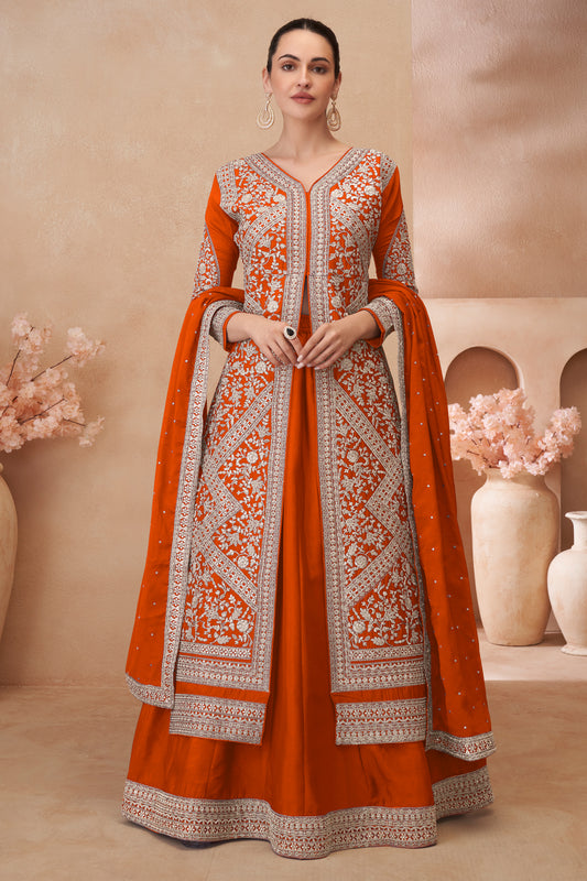 Orange Readymade Embroidered Chinon Silk Skirt Suit-SAR12181_1_SareeButa.com