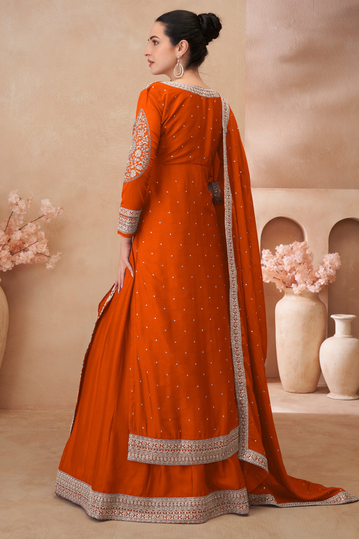 Orange Readymade Embroidered Chinon Silk Skirt Suit-SAR12181_2_SareeButa.com