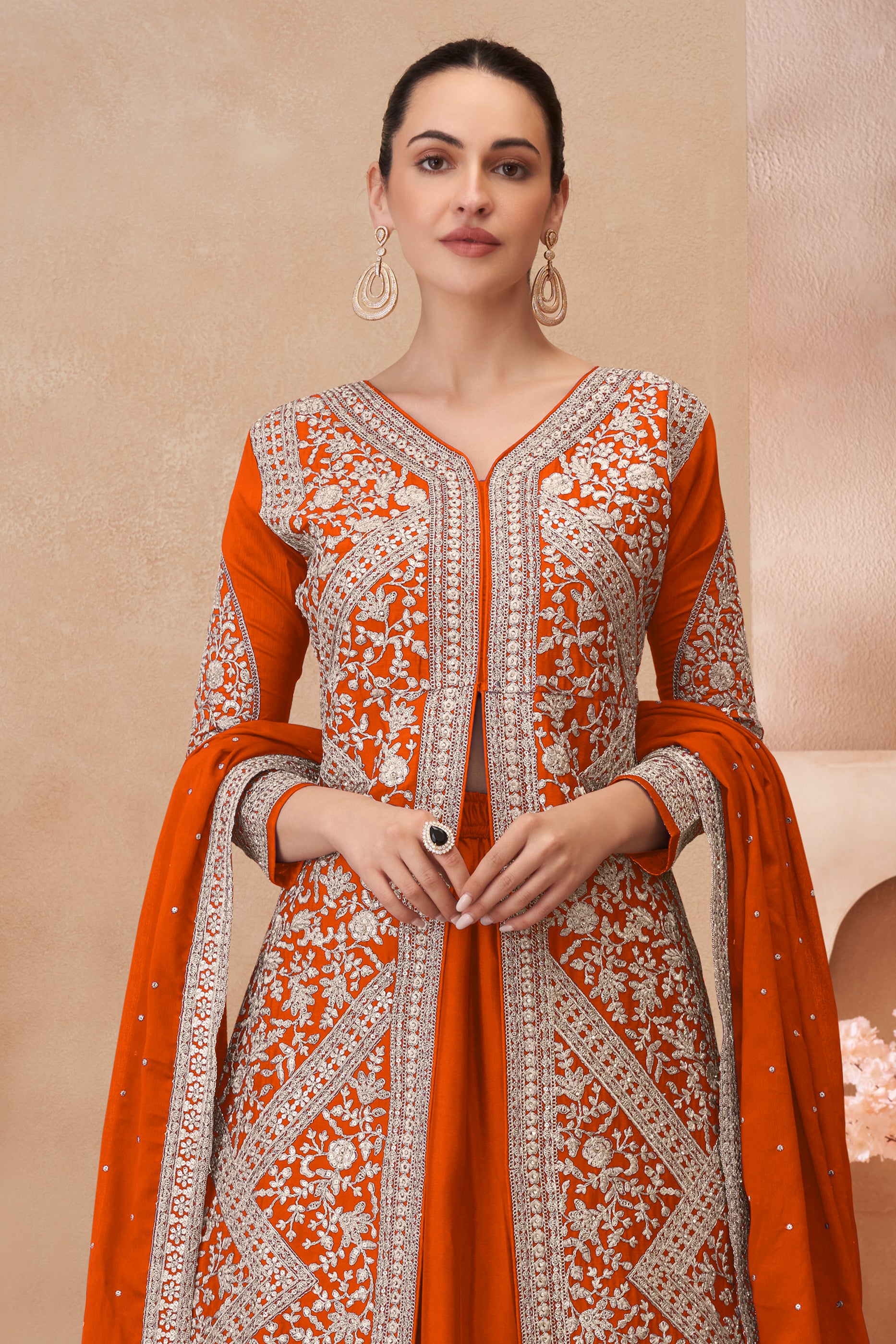 Orange Readymade Embroidered Chinon Silk Skirt Suit-SAR12181_3_SareeButa.com