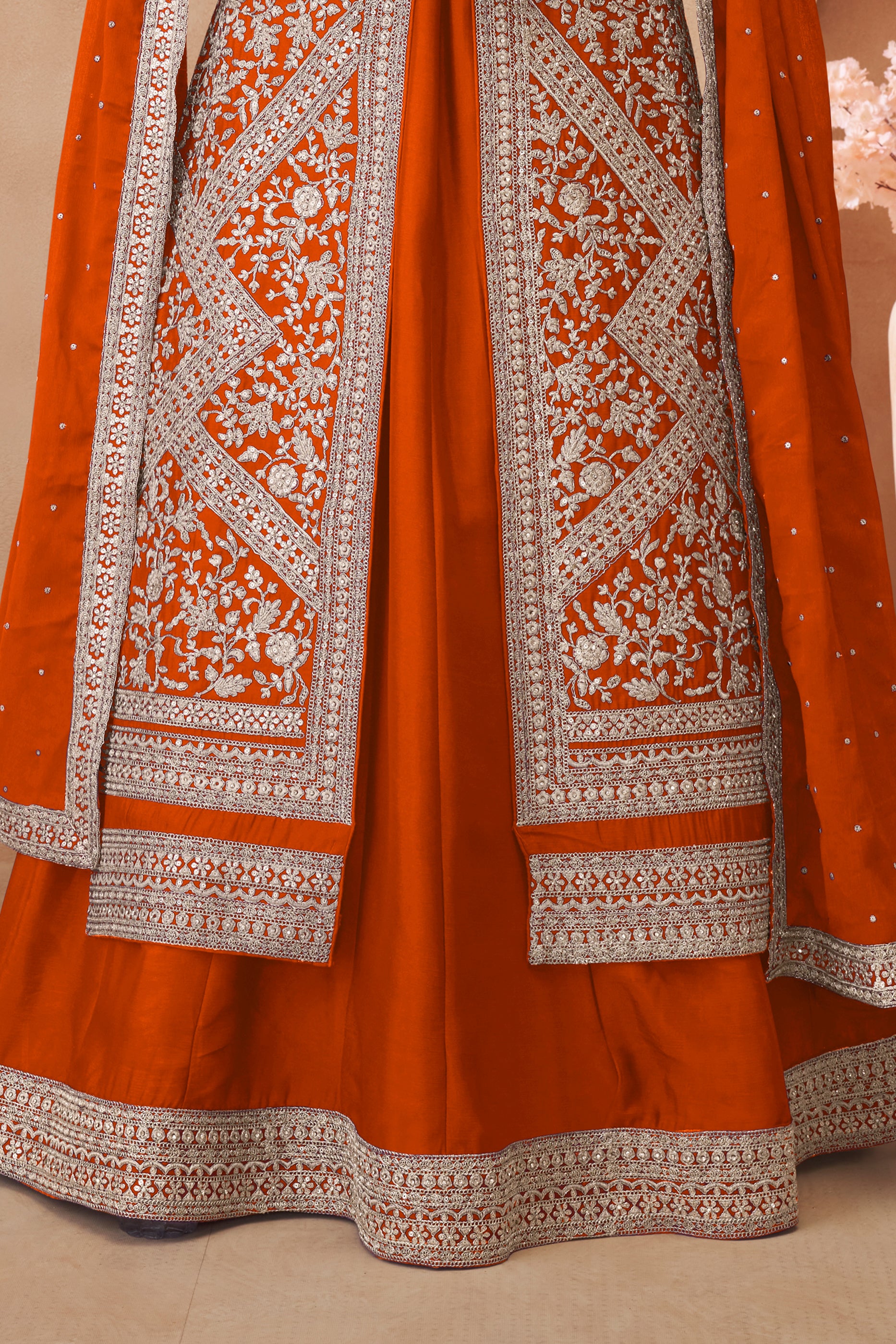 Orange Readymade Embroidered Chinon Silk Skirt Suit-SAR12181_4_SareeButa.com